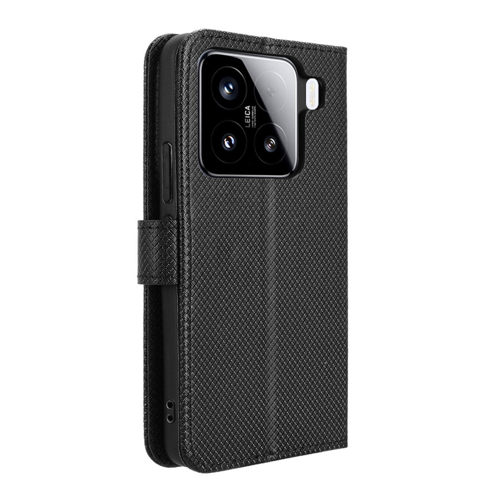 For Xiaomi 15 Case PU Leather Diamond Texture Wallet Phone Cover - Black