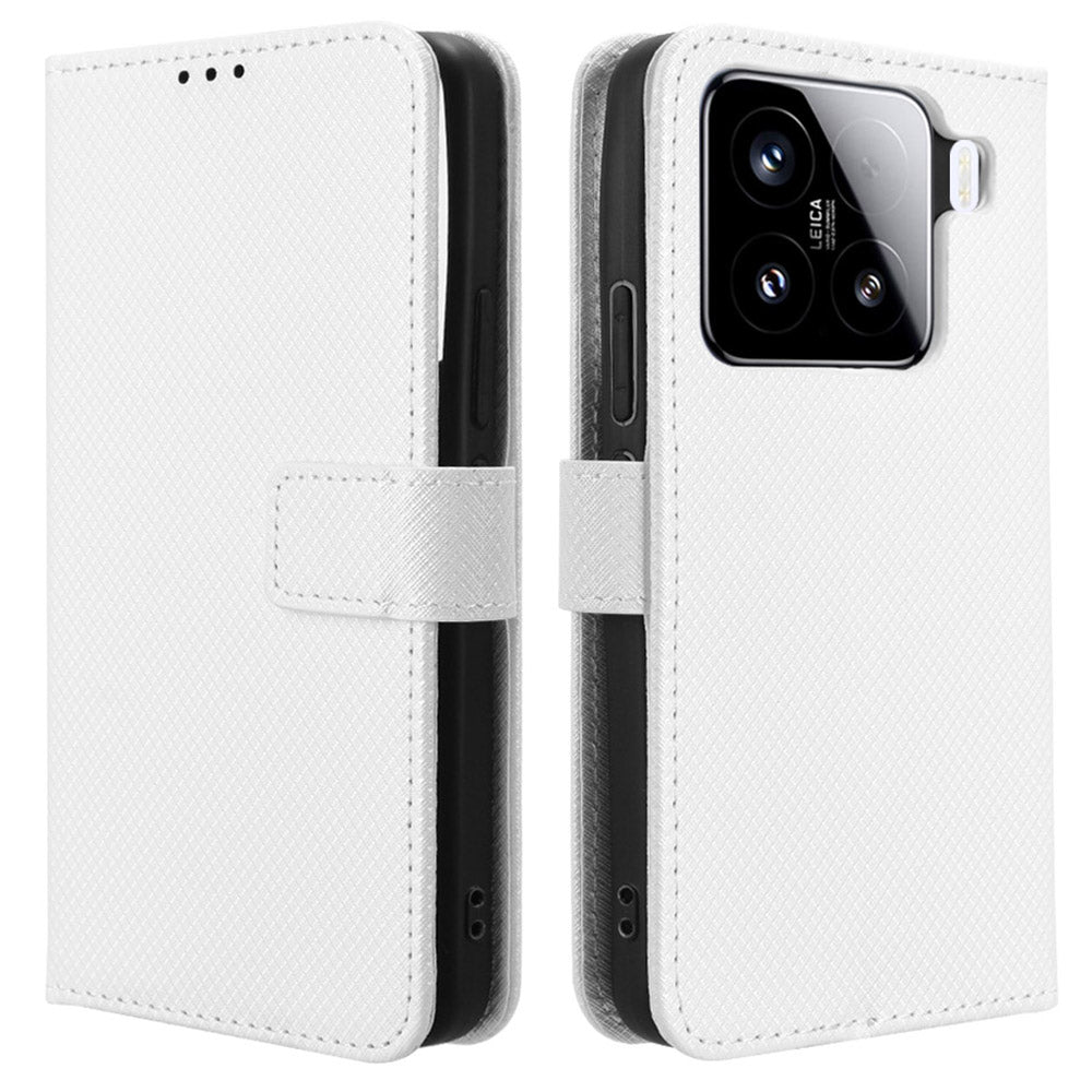 For Xiaomi 15 Case PU Leather Diamond Texture Wallet Phone Cover - White