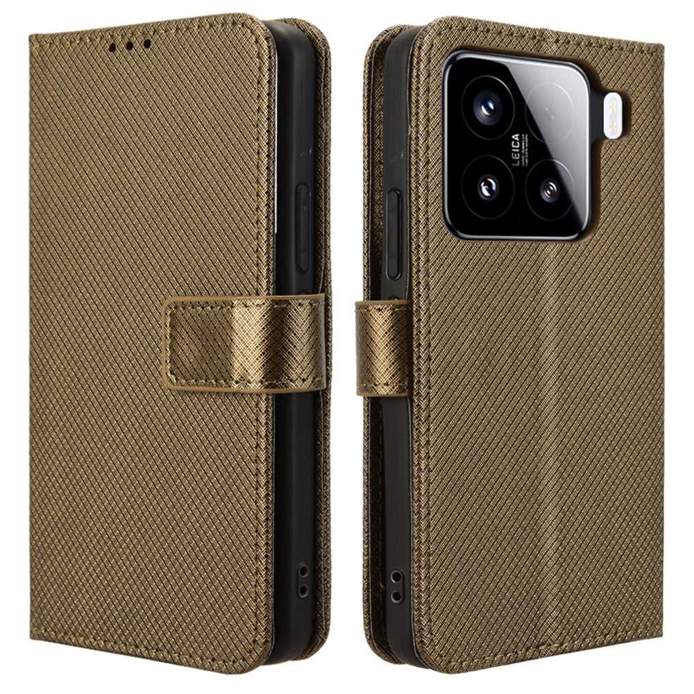 For Xiaomi 15 Case PU Leather Diamond Texture Wallet Phone Cover - Brown