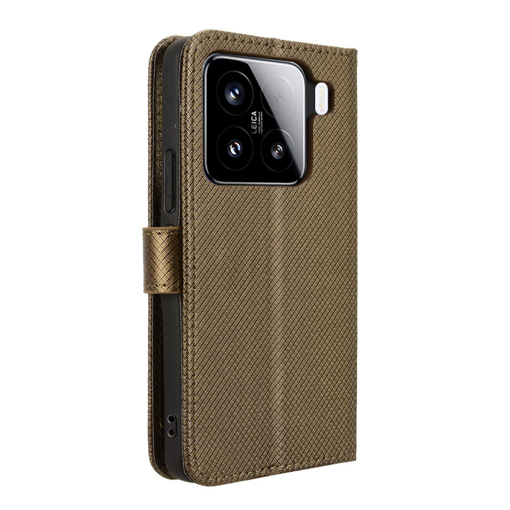 For Xiaomi 15 Case PU Leather Diamond Texture Wallet Phone Cover - Brown