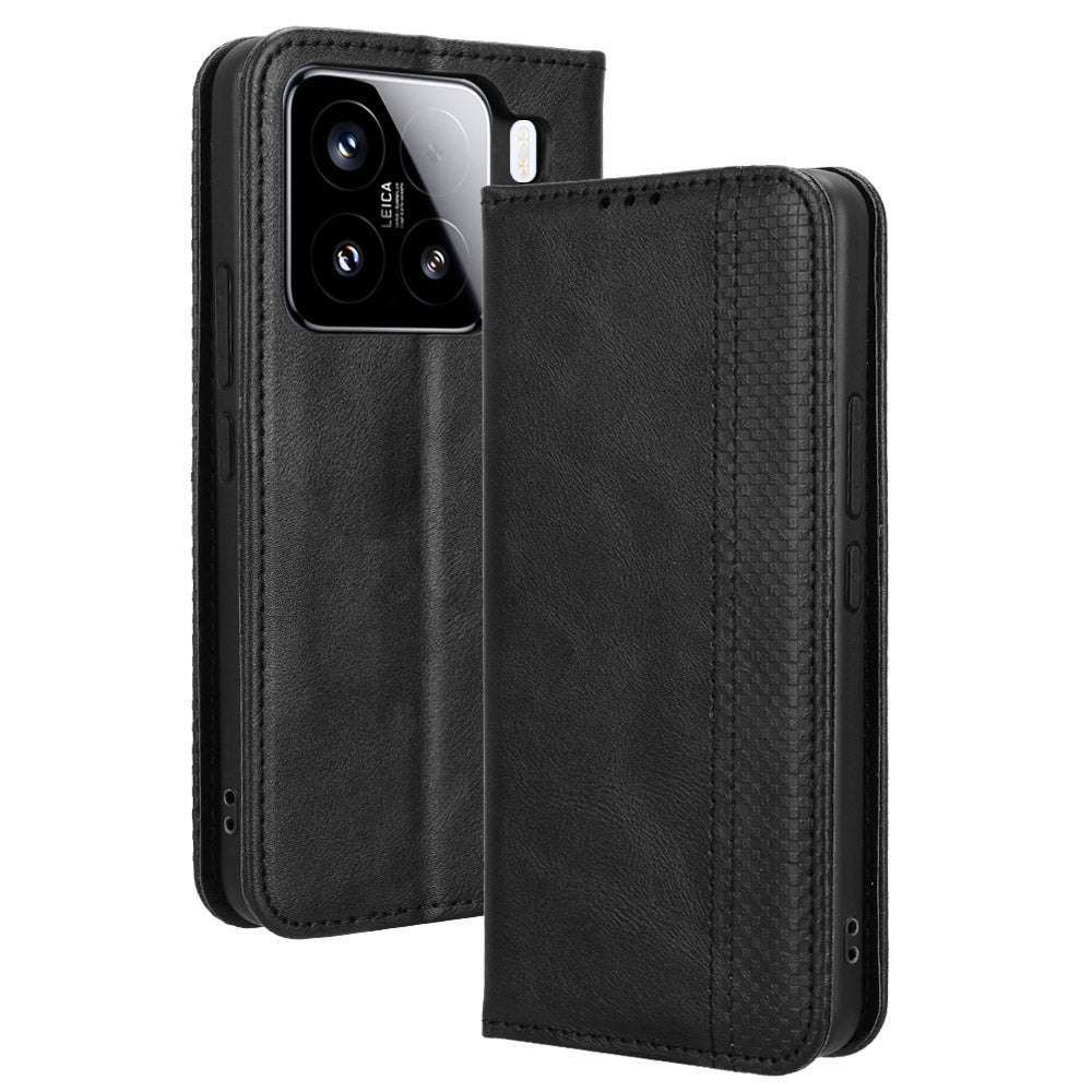 For Xiaomi 15 Pro Leather Case Wallet Stand Retro Texture Phone Cover - Black