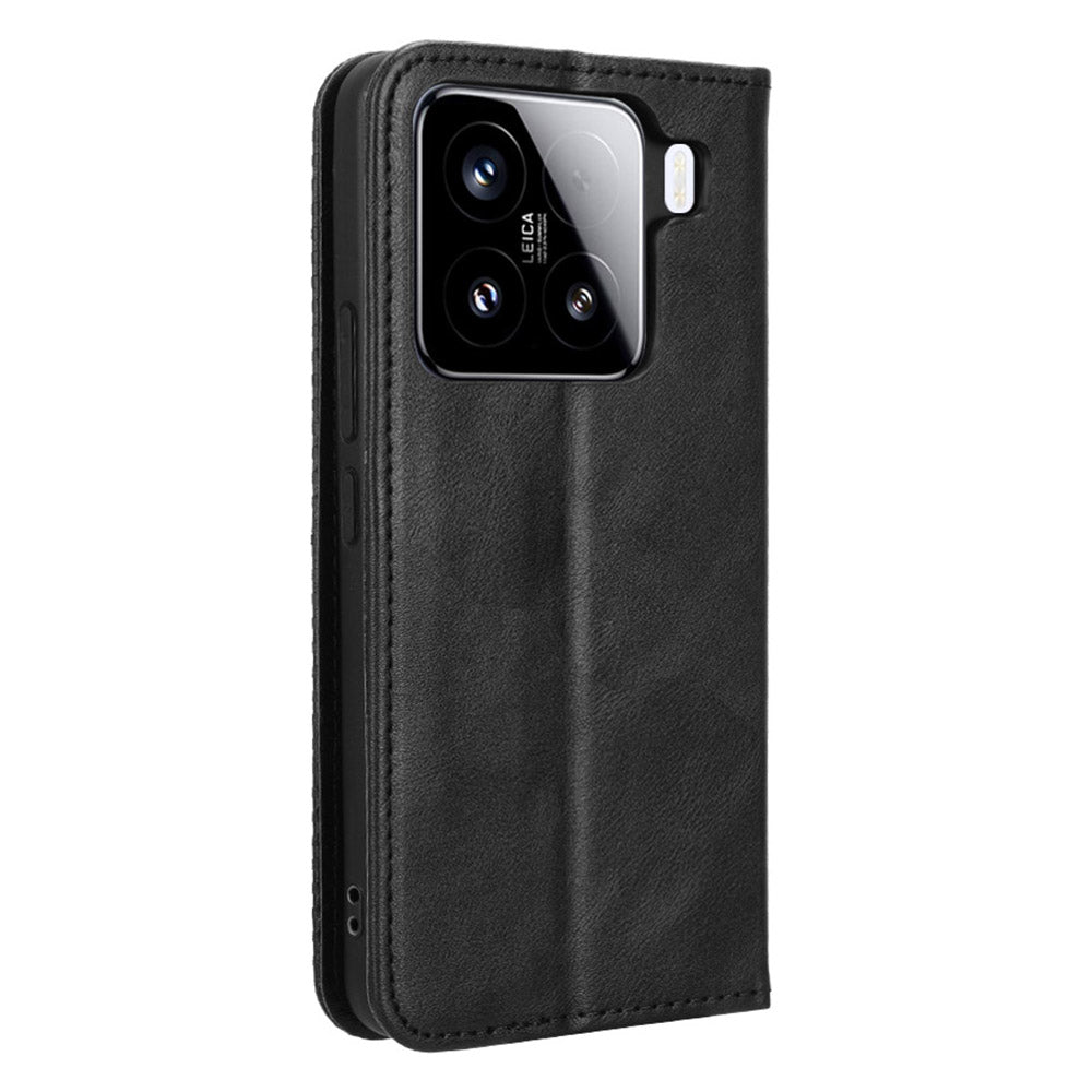 For Xiaomi 15 Pro Leather Case Wallet Stand Retro Texture Phone Cover - Black