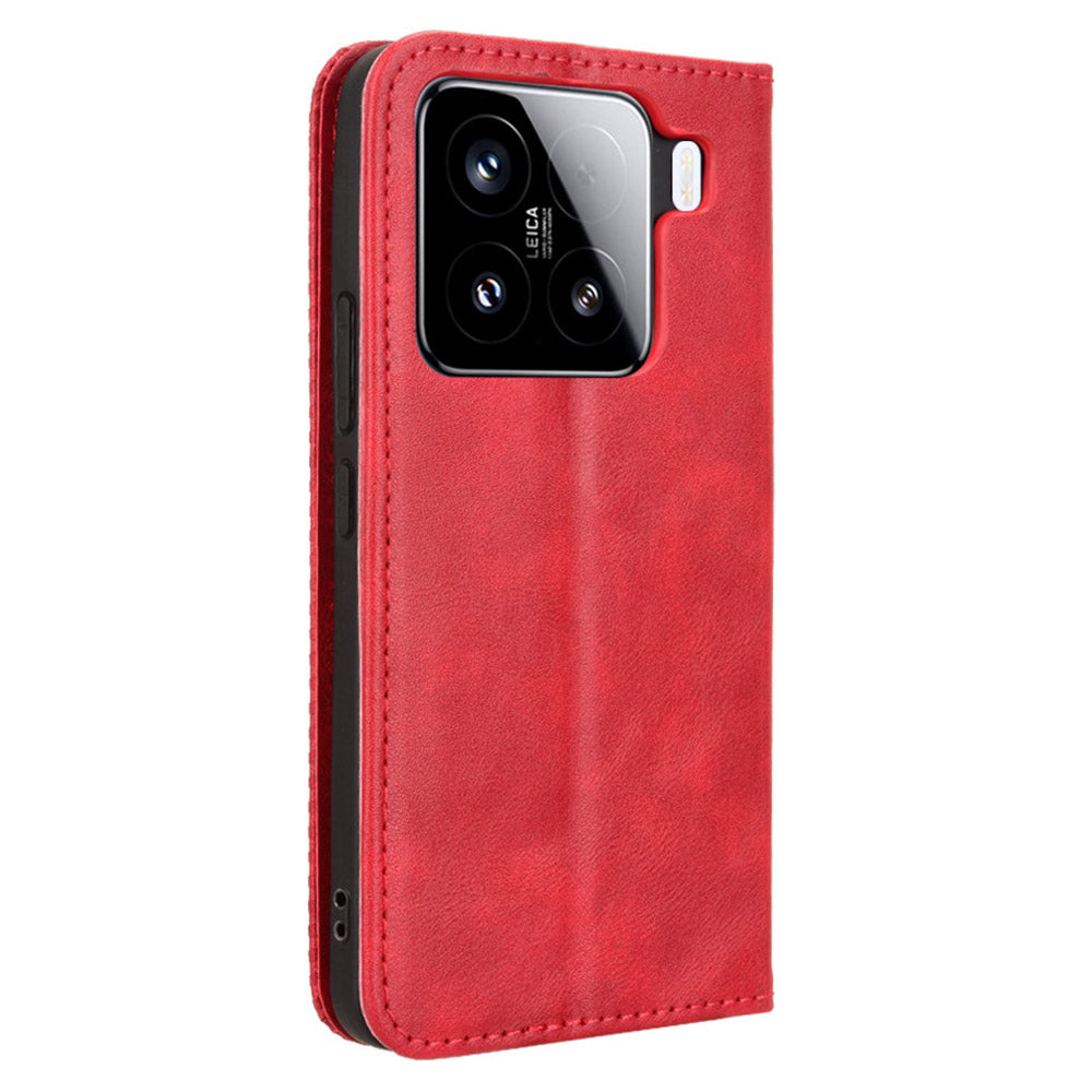 For Xiaomi 15 Pro Leather Case Wallet Stand Retro Texture Phone Cover - Red