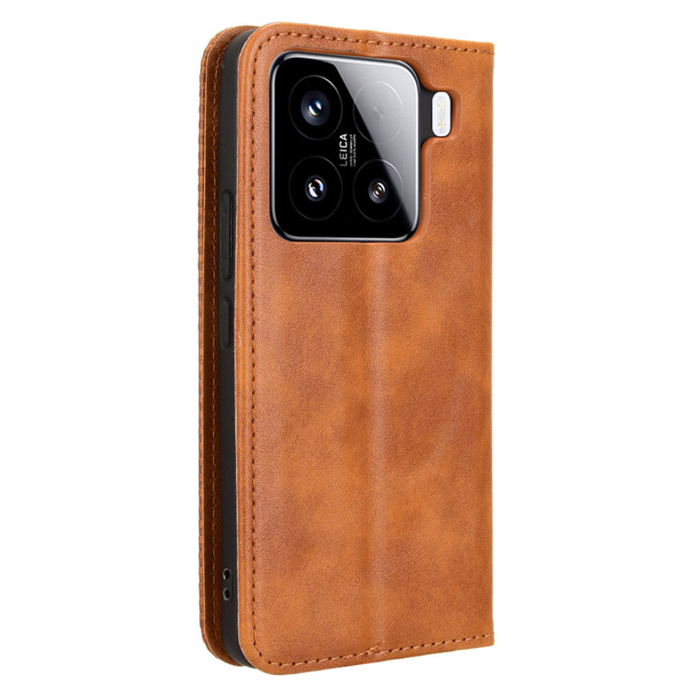 For Xiaomi 15 Pro Leather Case Wallet Stand Retro Texture Phone Cover - Brown