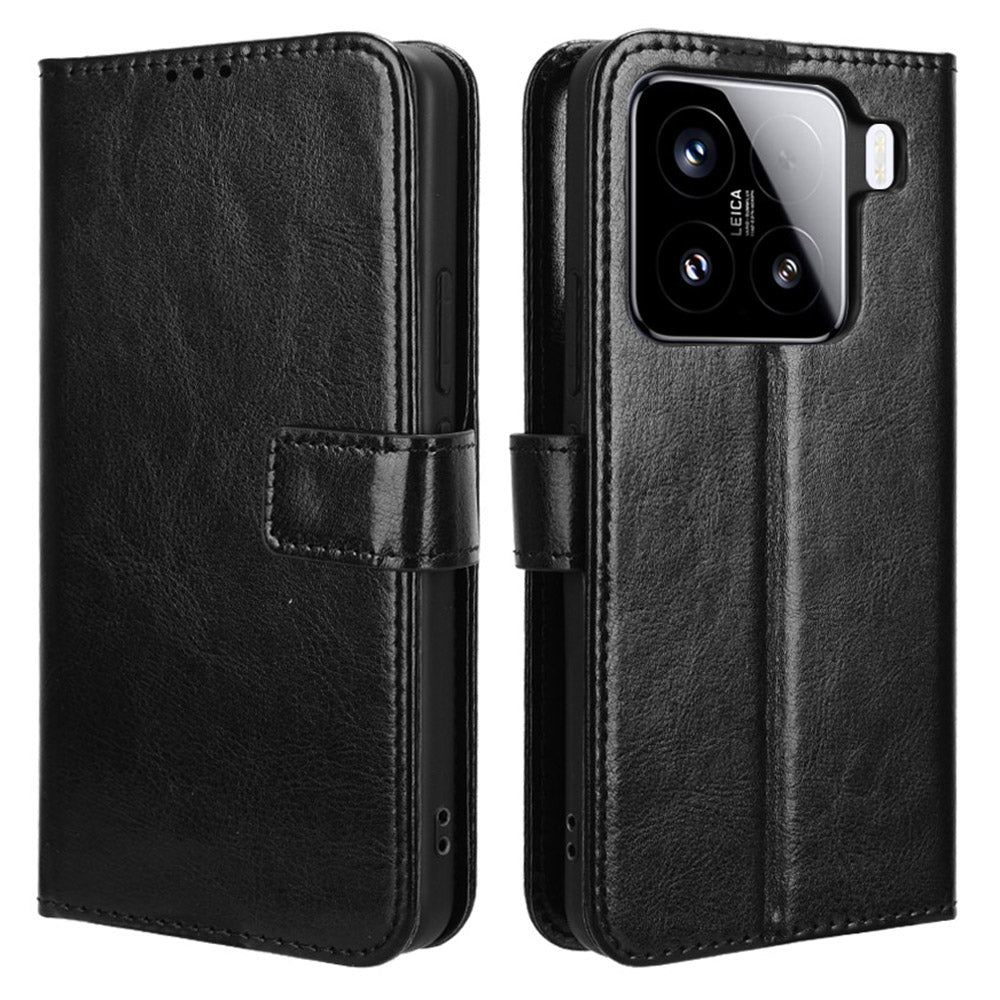 For Xiaomi 15 Case Crazy Horse Texture PU Leather Phone Wallet Cover - Black