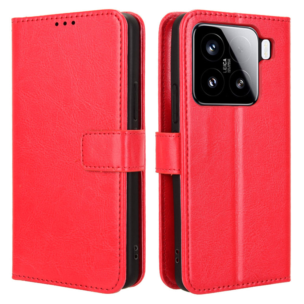 For Xiaomi 15 Case Crazy Horse Texture PU Leather Phone Wallet Cover - Red