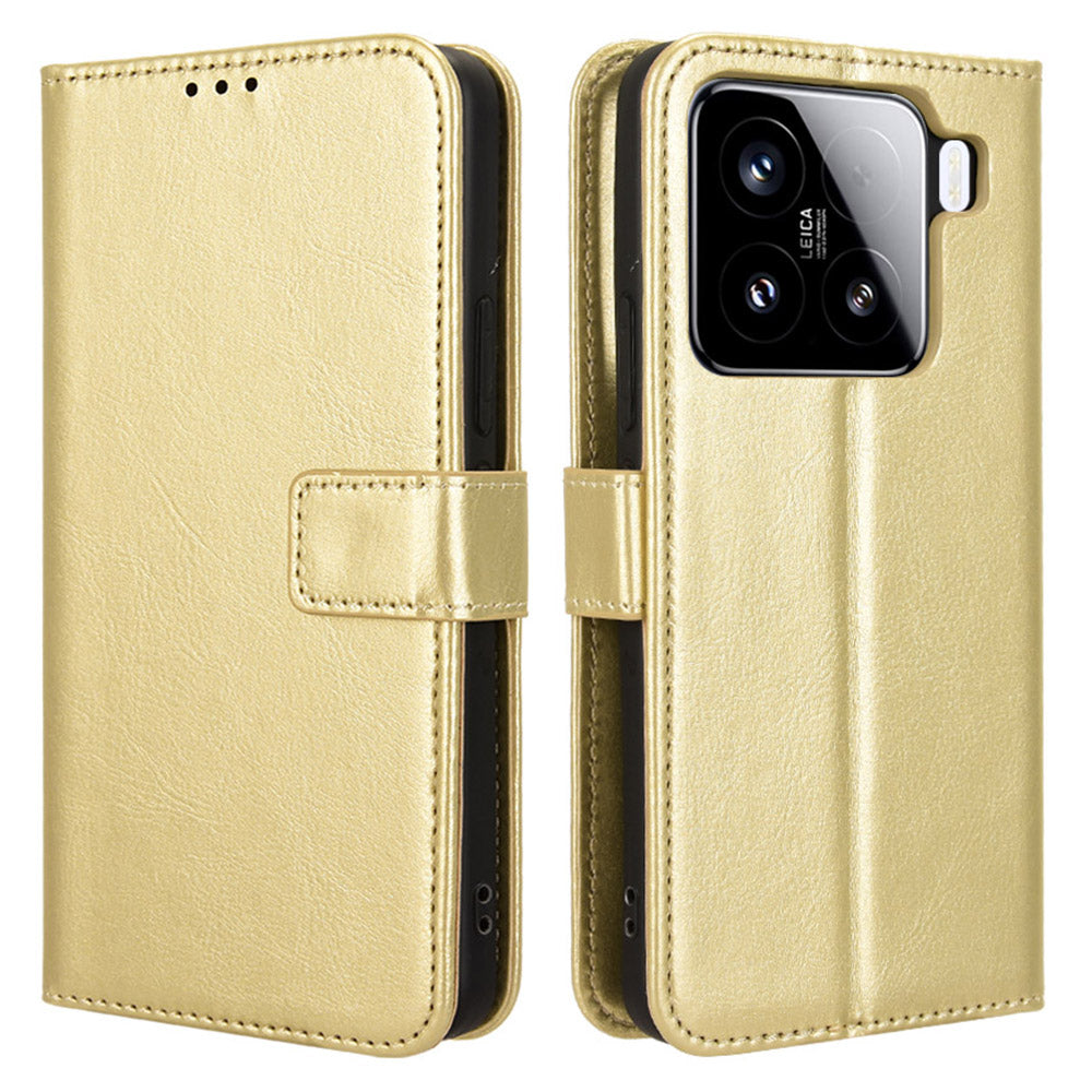 For Xiaomi 15 Case Crazy Horse Texture PU Leather Phone Wallet Cover - Gold