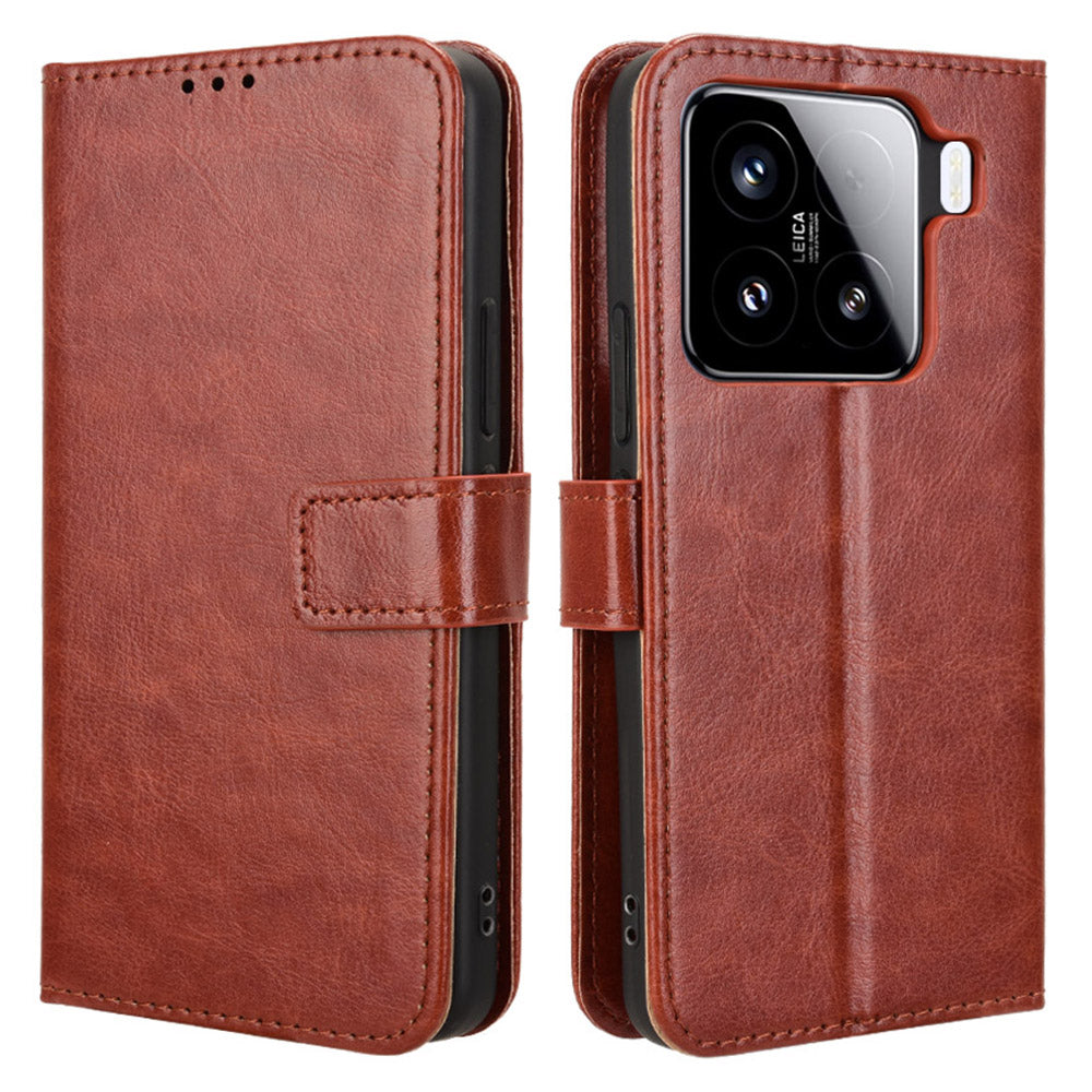 For Xiaomi 15 Case Crazy Horse Texture PU Leather Phone Wallet Cover - Brown