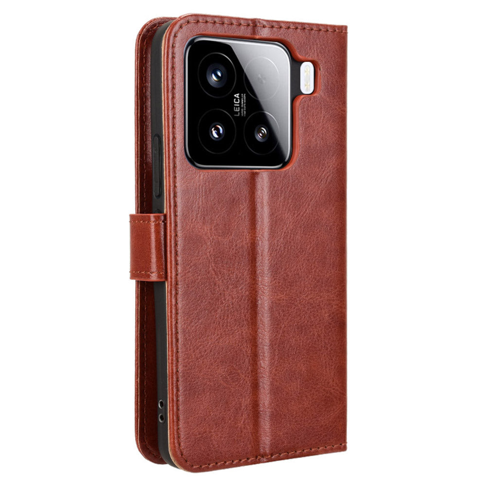 For Xiaomi 15 Case Crazy Horse Texture PU Leather Phone Wallet Cover - Brown