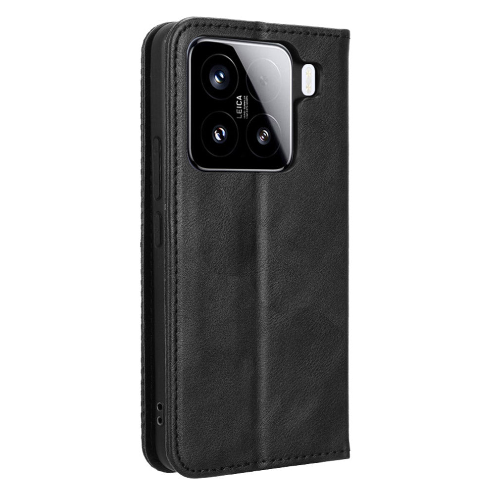 For Xiaomi 15 Leather Case Wallet Stand Retro Texture Phone Cover - Black