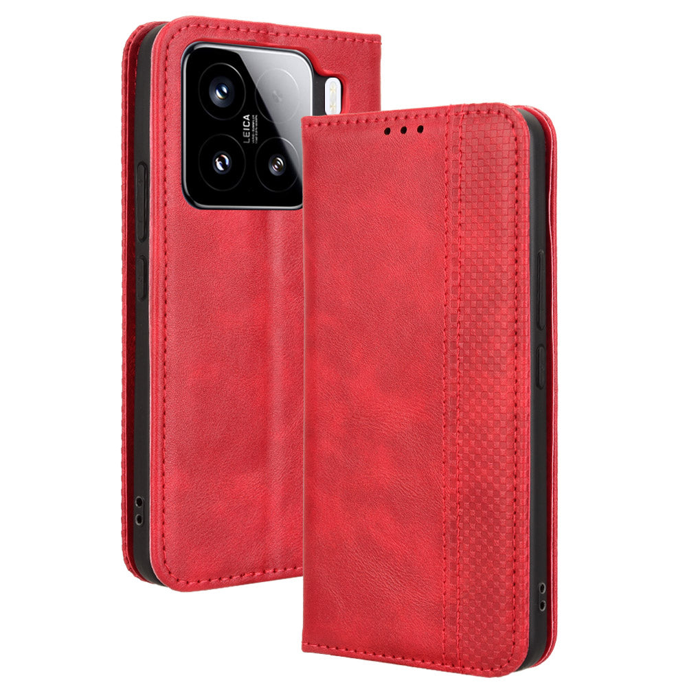 For Xiaomi 15 Leather Case Wallet Stand Retro Texture Phone Cover - Red