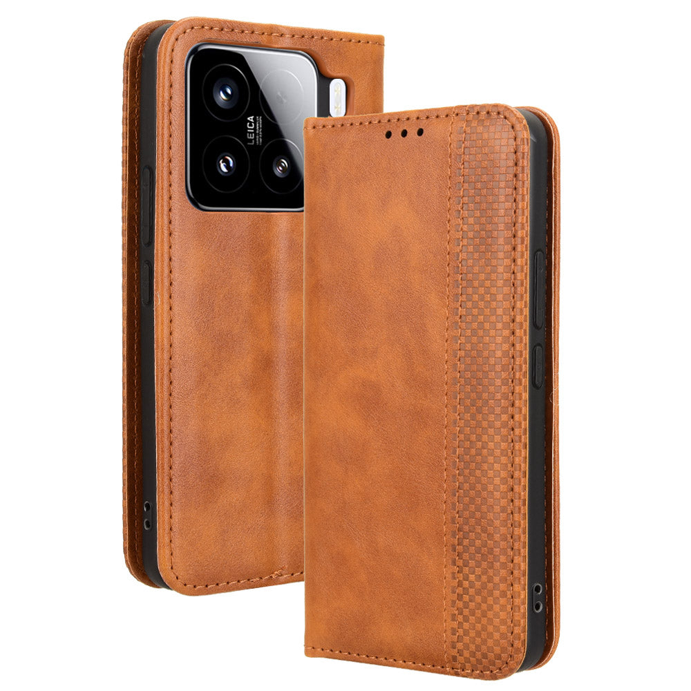 For Xiaomi 15 Leather Case Wallet Stand Retro Texture Phone Cover - Brown