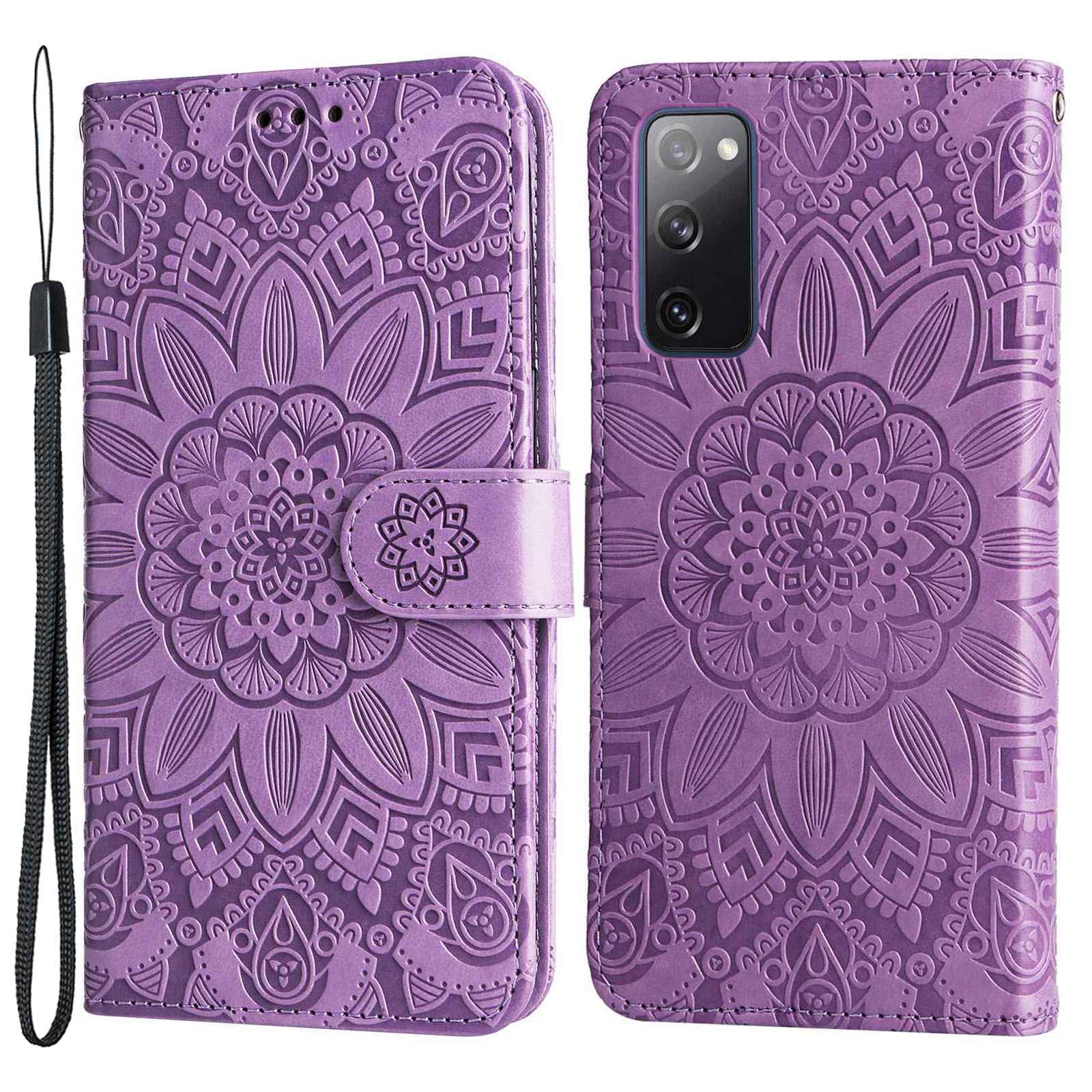 For Samsung Galaxy S20 FE / S20 FE 5G / S20 Lite Sunflower Imprinted PU Leather Case Stand Magnetic Clasp Wallet Phone Cover with Strap - Purple