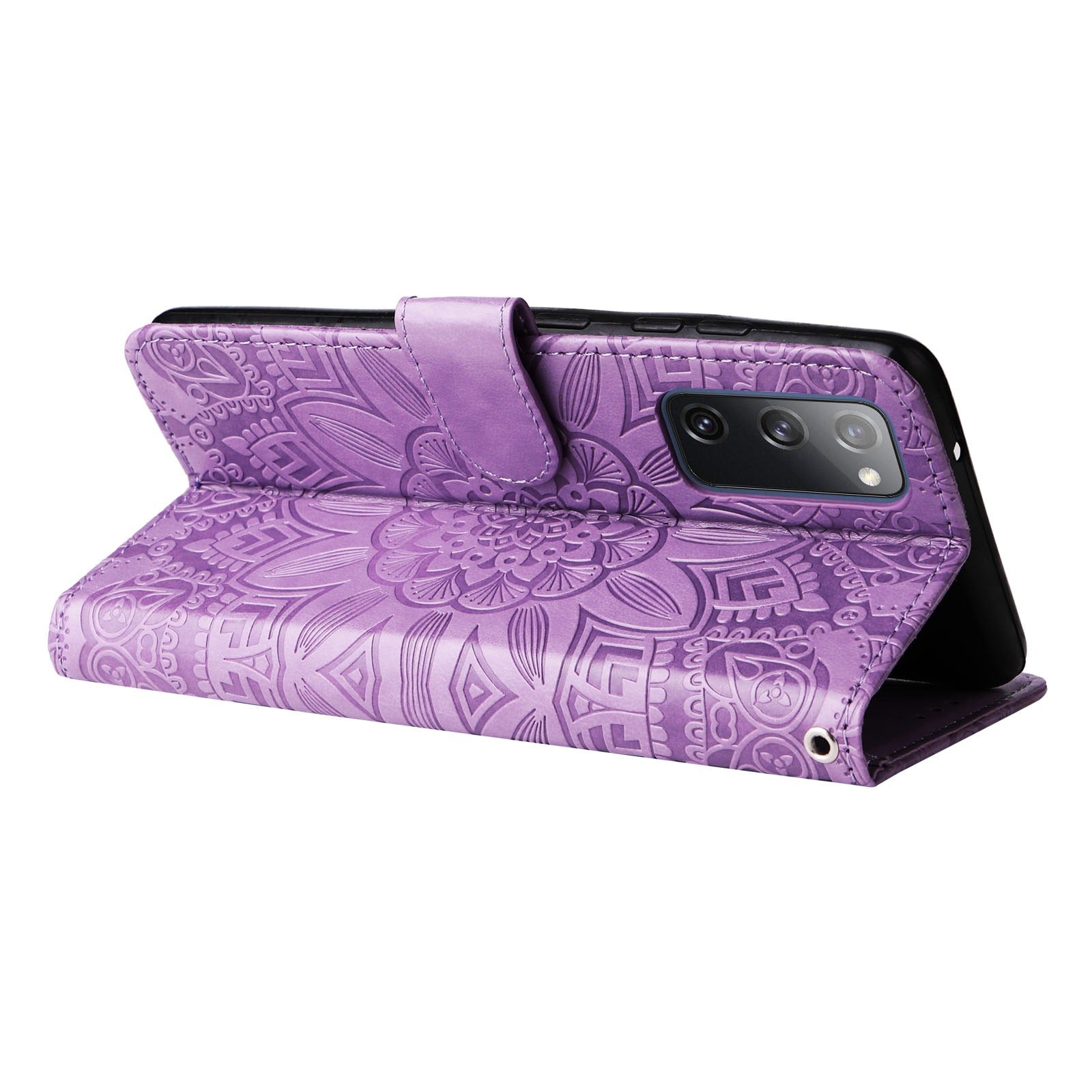 For Samsung Galaxy S20 FE / S20 FE 5G / S20 Lite Sunflower Imprinted PU Leather Case Stand Magnetic Clasp Wallet Phone Cover with Strap - Purple