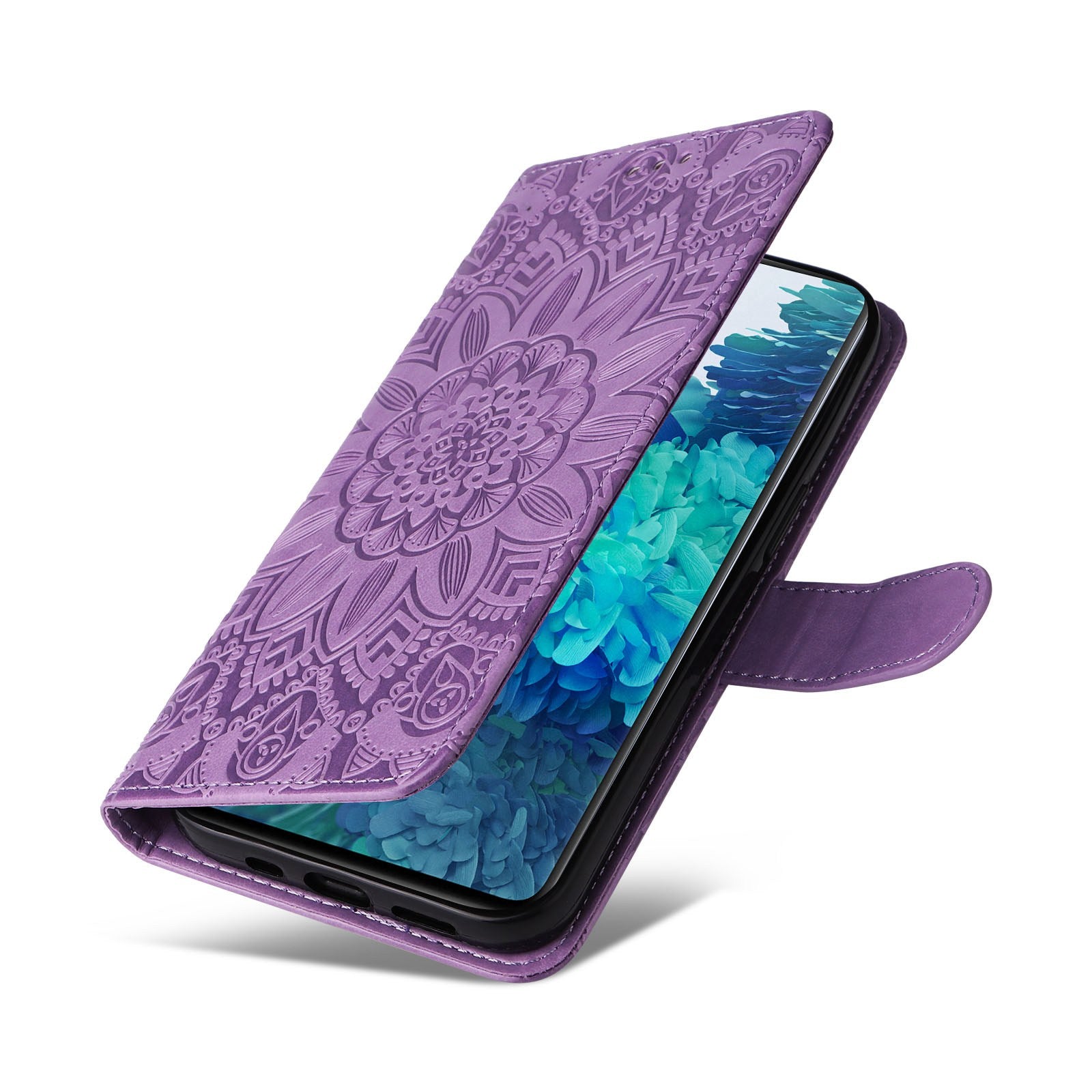 For Samsung Galaxy S20 FE / S20 FE 5G / S20 Lite Sunflower Imprinted PU Leather Case Stand Magnetic Clasp Wallet Phone Cover with Strap - Purple