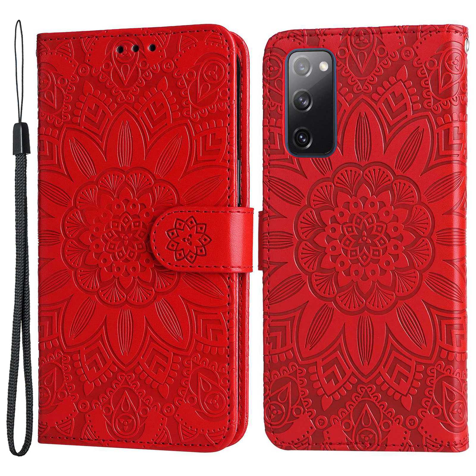 For Samsung Galaxy S20 FE / S20 FE 5G / S20 Lite Sunflower Imprinted PU Leather Case Stand Magnetic Clasp Wallet Phone Cover with Strap - Red