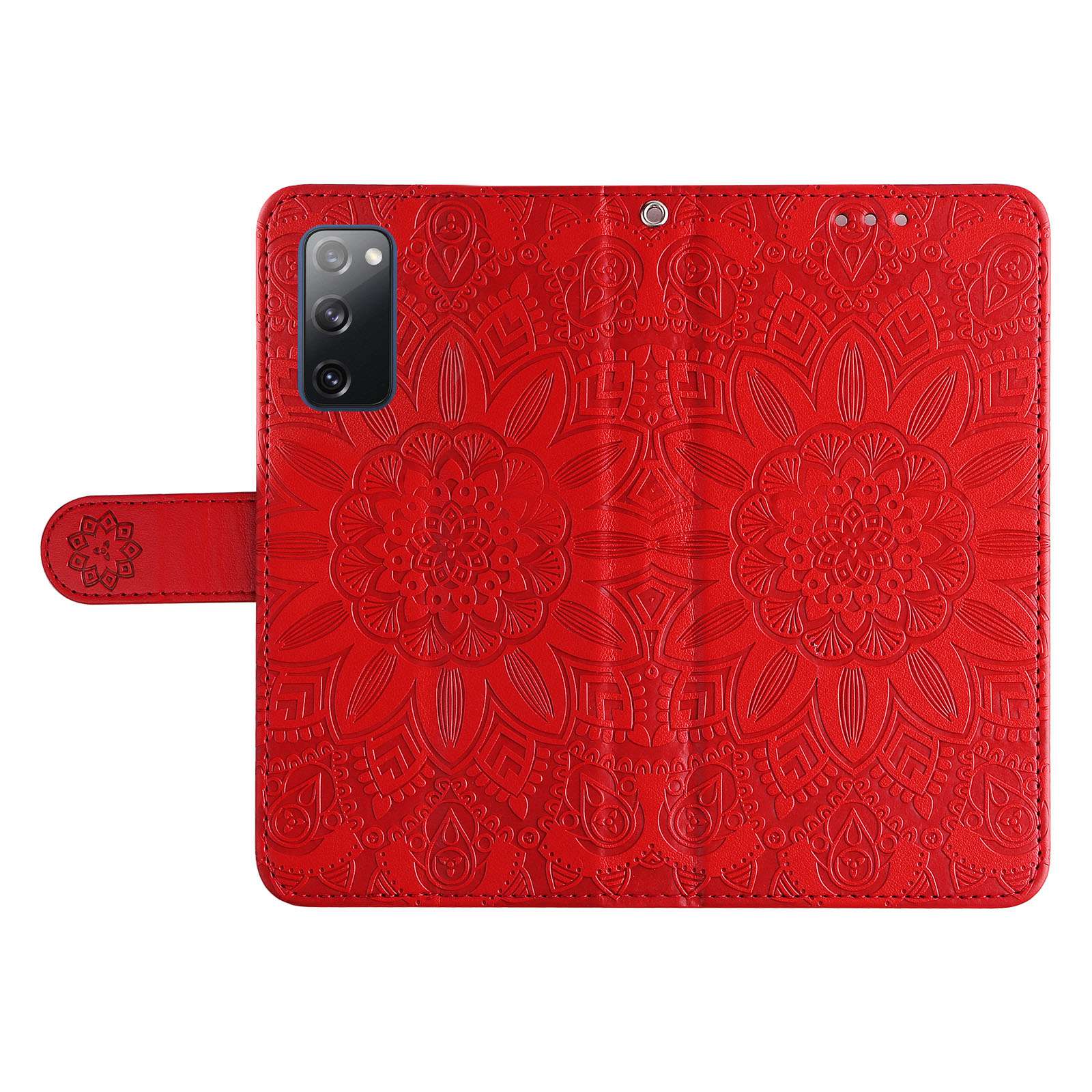 For Samsung Galaxy S20 FE / S20 FE 5G / S20 Lite Sunflower Imprinted PU Leather Case Stand Magnetic Clasp Wallet Phone Cover with Strap - Red