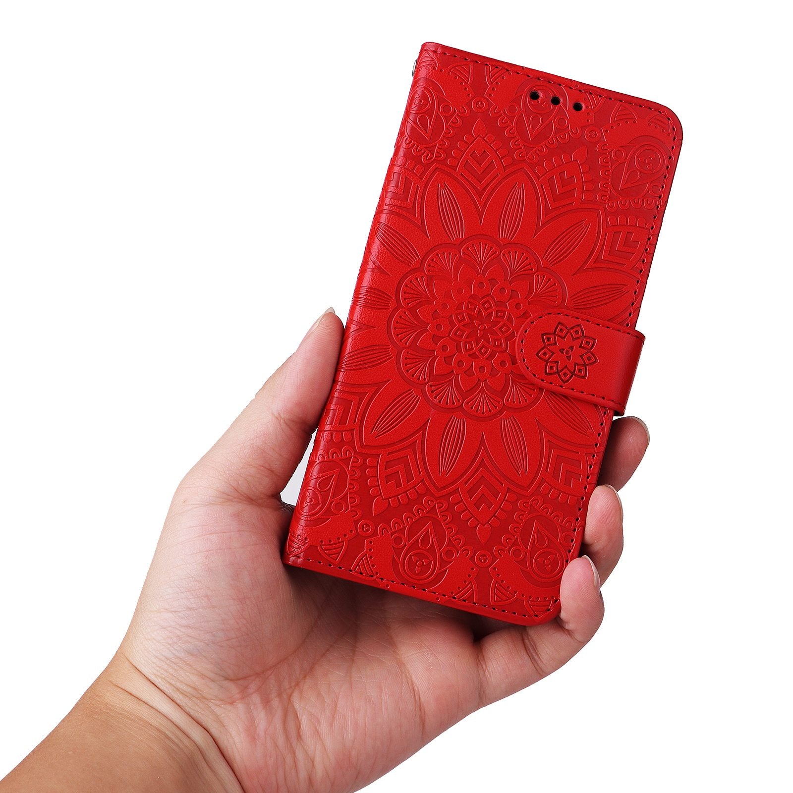 For Samsung Galaxy S20 FE / S20 FE 5G / S20 Lite Sunflower Imprinted PU Leather Case Stand Magnetic Clasp Wallet Phone Cover with Strap - Red