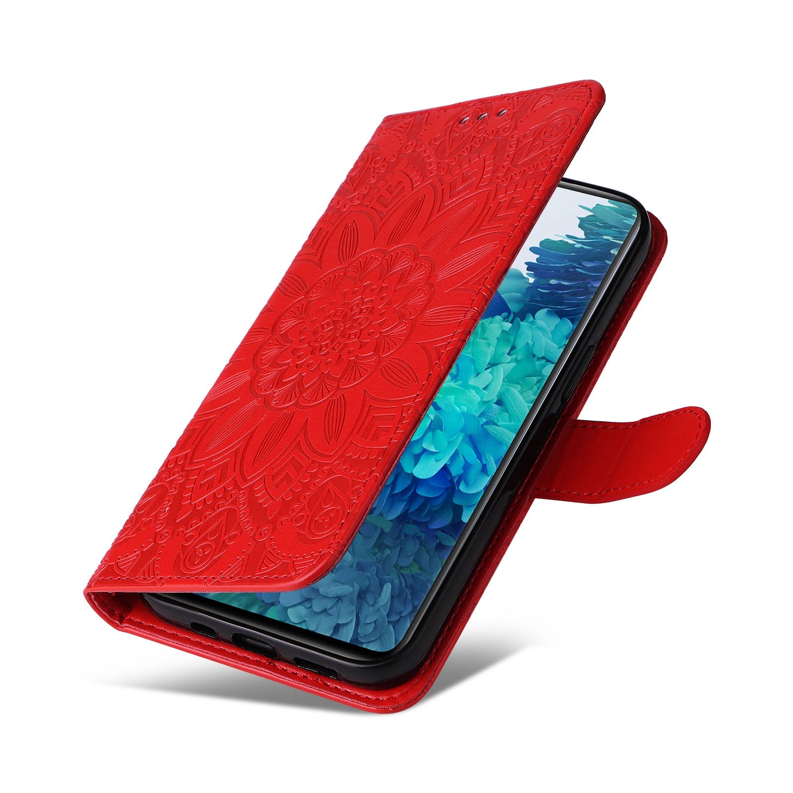 For Samsung Galaxy S20 FE / S20 FE 5G / S20 Lite Sunflower Imprinted PU Leather Case Stand Magnetic Clasp Wallet Phone Cover with Strap - Red