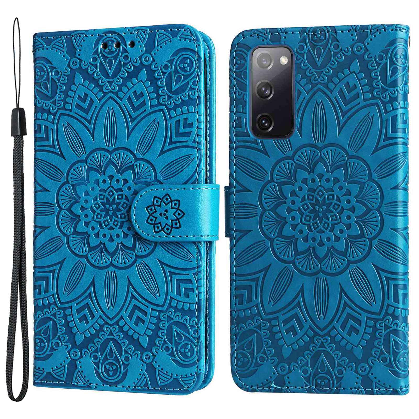 For Samsung Galaxy S20 FE / S20 FE 5G / S20 Lite Sunflower Imprinted PU Leather Case Stand Magnetic Clasp Wallet Phone Cover with Strap - Blue