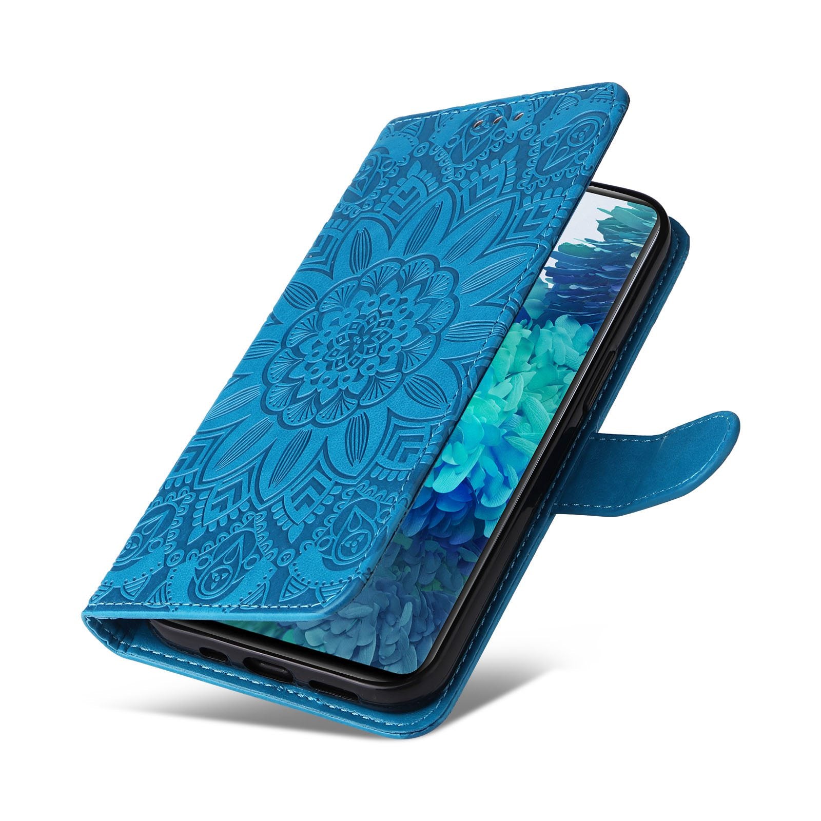 For Samsung Galaxy S20 FE / S20 FE 5G / S20 Lite Sunflower Imprinted PU Leather Case Stand Magnetic Clasp Wallet Phone Cover with Strap - Blue