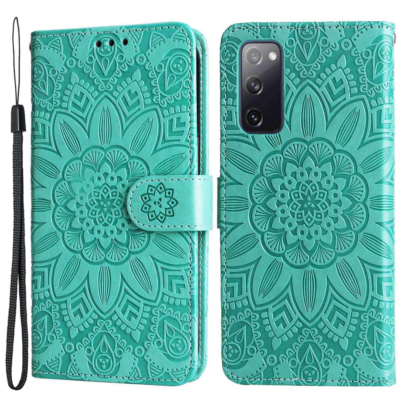 For Samsung Galaxy S20 FE / S20 FE 5G / S20 Lite Sunflower Imprinted PU Leather Case Stand Magnetic Clasp Wallet Phone Cover with Strap - Green