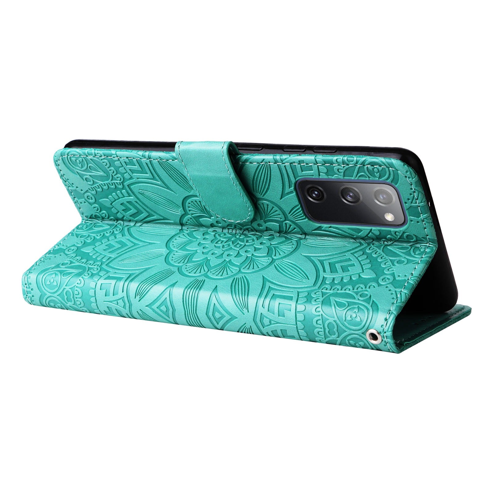 For Samsung Galaxy S20 FE / S20 FE 5G / S20 Lite Sunflower Imprinted PU Leather Case Stand Magnetic Clasp Wallet Phone Cover with Strap - Green