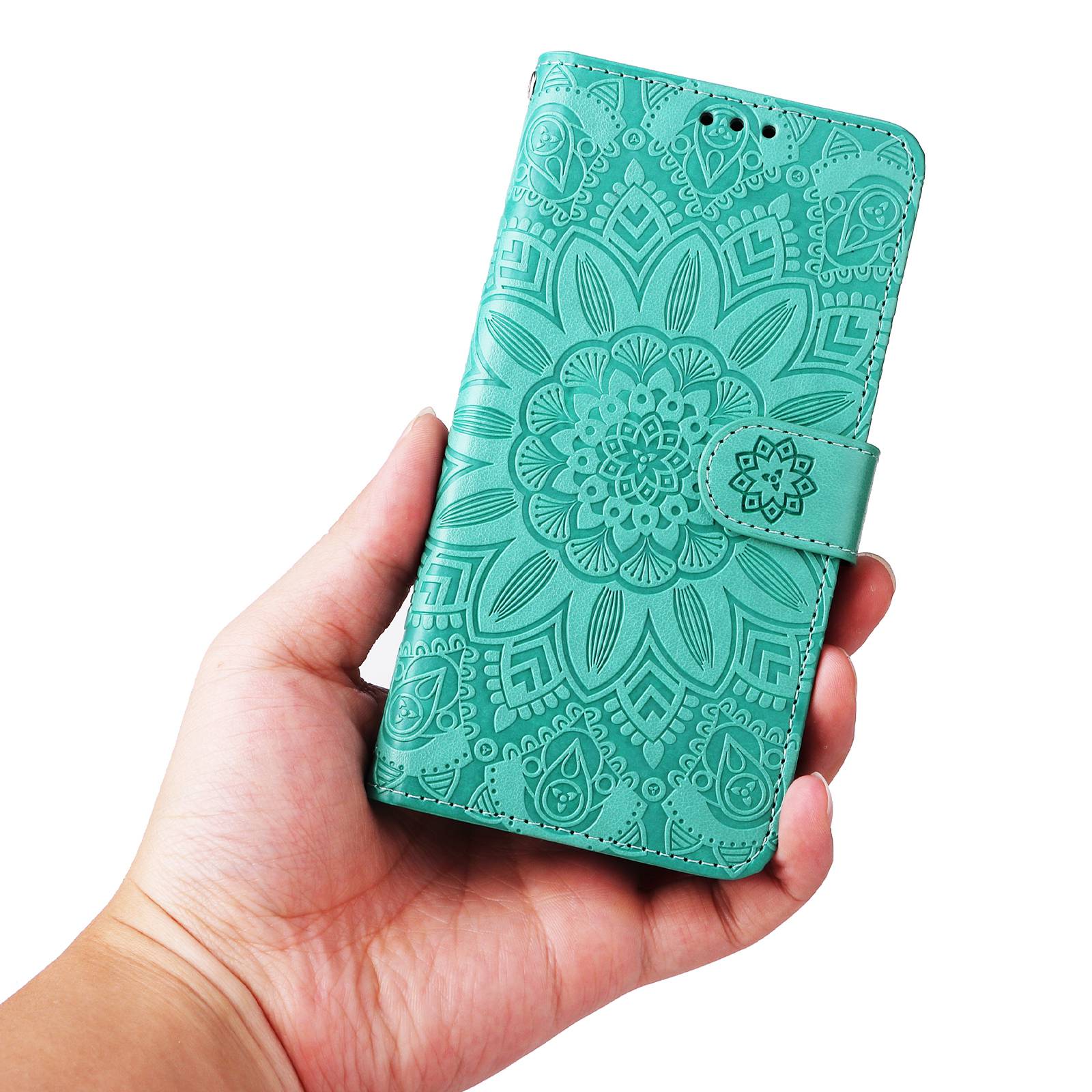 For Samsung Galaxy S20 FE / S20 FE 5G / S20 Lite Sunflower Imprinted PU Leather Case Stand Magnetic Clasp Wallet Phone Cover with Strap - Green