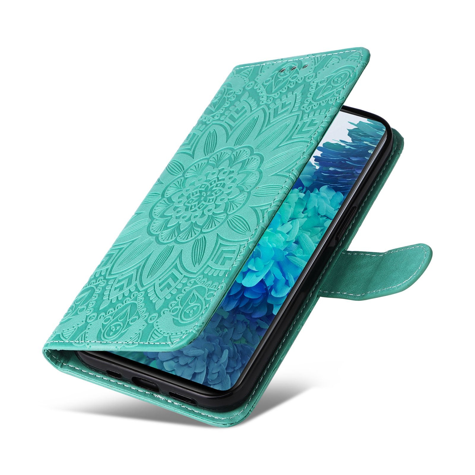 For Samsung Galaxy S20 FE / S20 FE 5G / S20 Lite Sunflower Imprinted PU Leather Case Stand Magnetic Clasp Wallet Phone Cover with Strap - Green