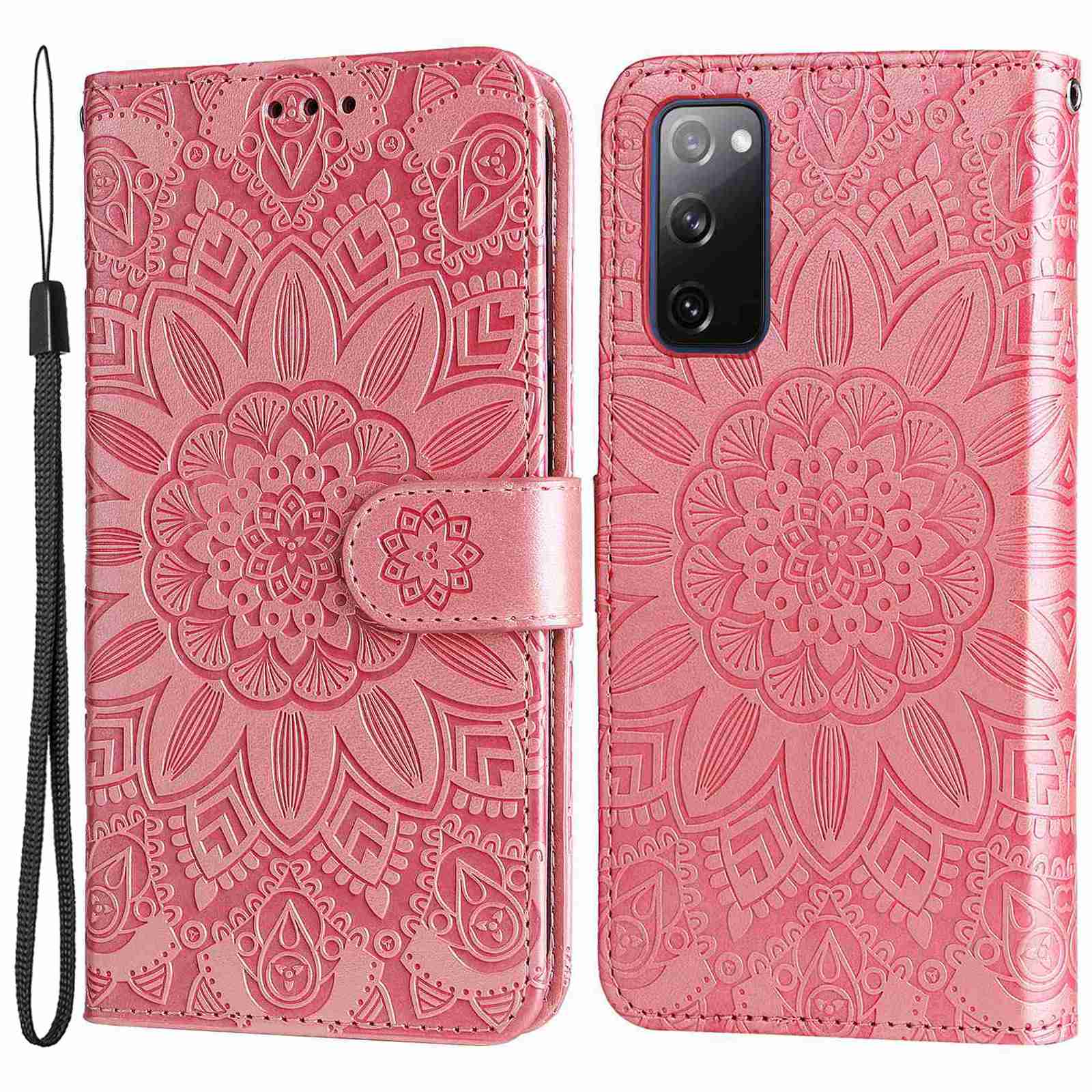 For Samsung Galaxy S20 FE / S20 FE 5G / S20 Lite Sunflower Imprinted PU Leather Case Stand Magnetic Clasp Wallet Phone Cover with Strap - Pink