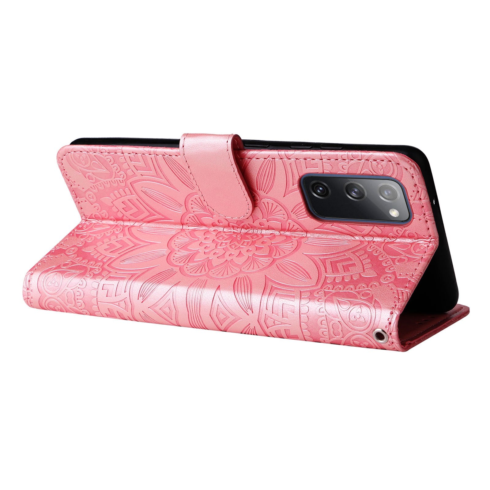 For Samsung Galaxy S20 FE / S20 FE 5G / S20 Lite Sunflower Imprinted PU Leather Case Stand Magnetic Clasp Wallet Phone Cover with Strap - Pink