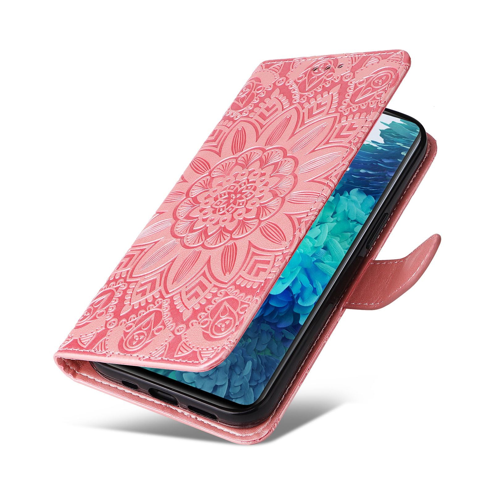 For Samsung Galaxy S20 FE / S20 FE 5G / S20 Lite Sunflower Imprinted PU Leather Case Stand Magnetic Clasp Wallet Phone Cover with Strap - Pink