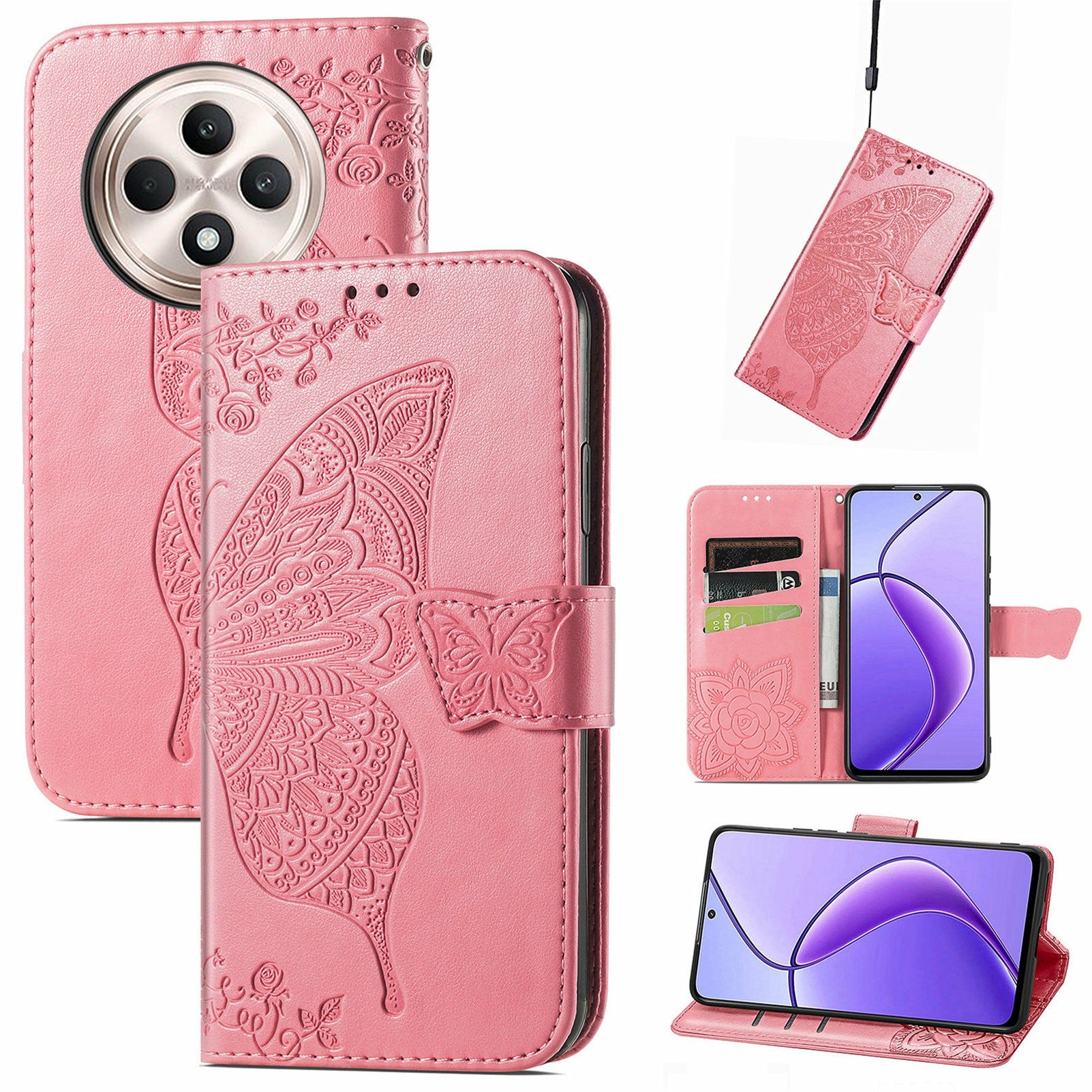 For Oppo F27 5G Case PU Leather Wallet Phone Cover Butterfly Pattern - Pink