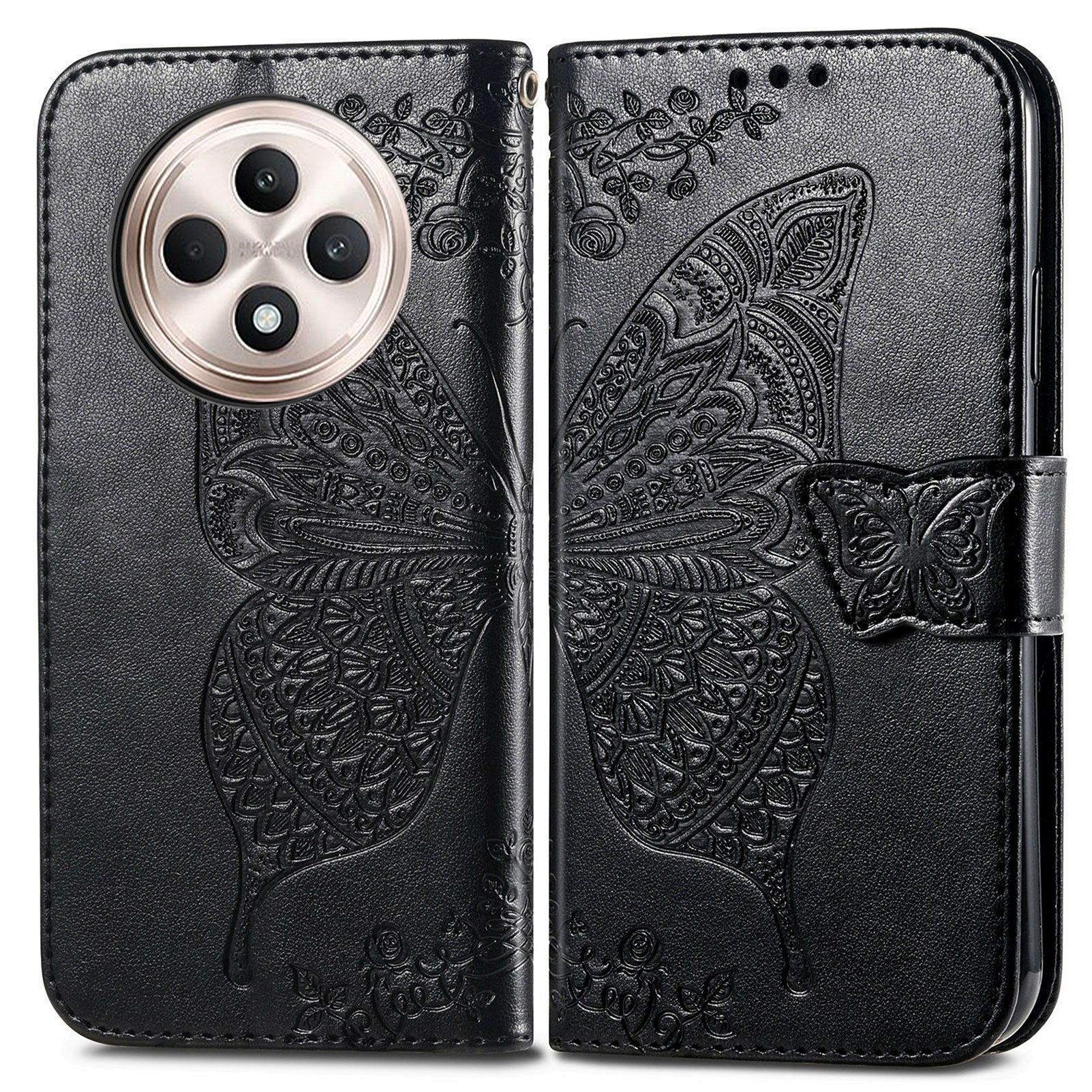 For Oppo F27 5G Case PU Leather Wallet Phone Cover Butterfly Pattern - Black