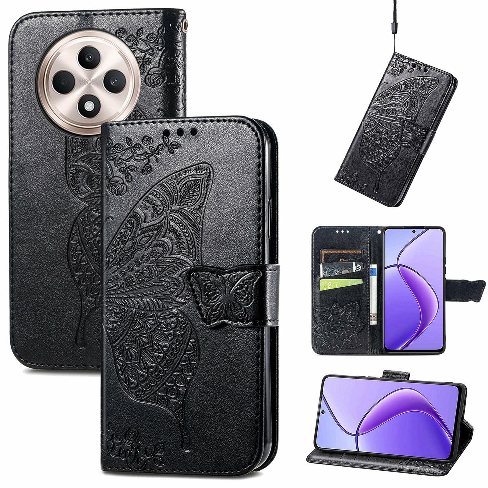 For Oppo F27 5G Case PU Leather Wallet Phone Cover Butterfly Pattern - Black