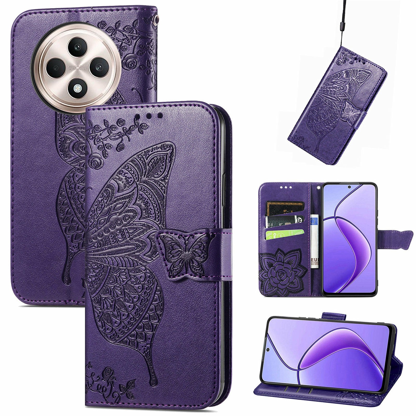 For Oppo F27 5G Case PU Leather Wallet Phone Cover Butterfly Pattern - Dark Purple