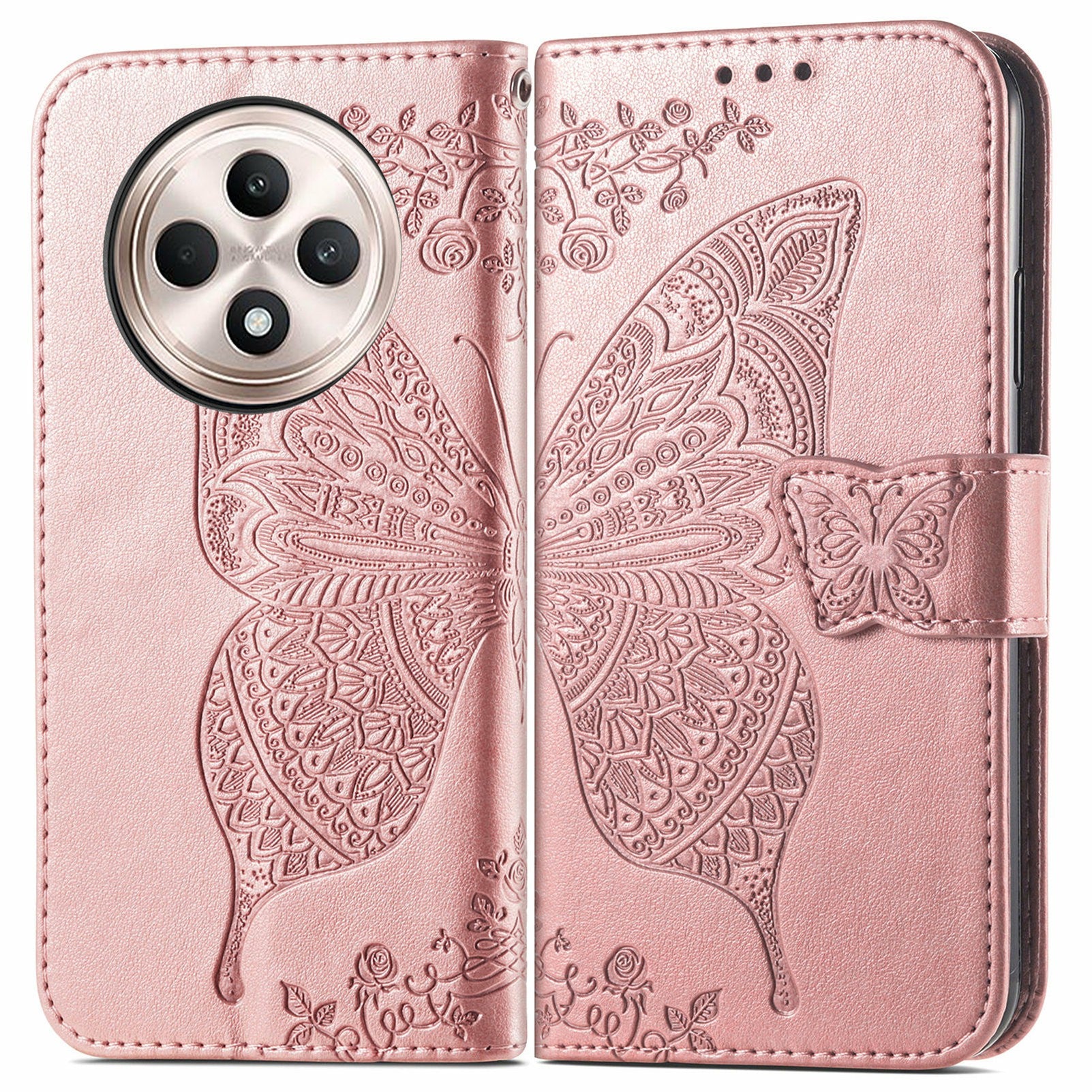 For Oppo F27 5G Case PU Leather Wallet Phone Cover Butterfly Pattern - Rose Gold