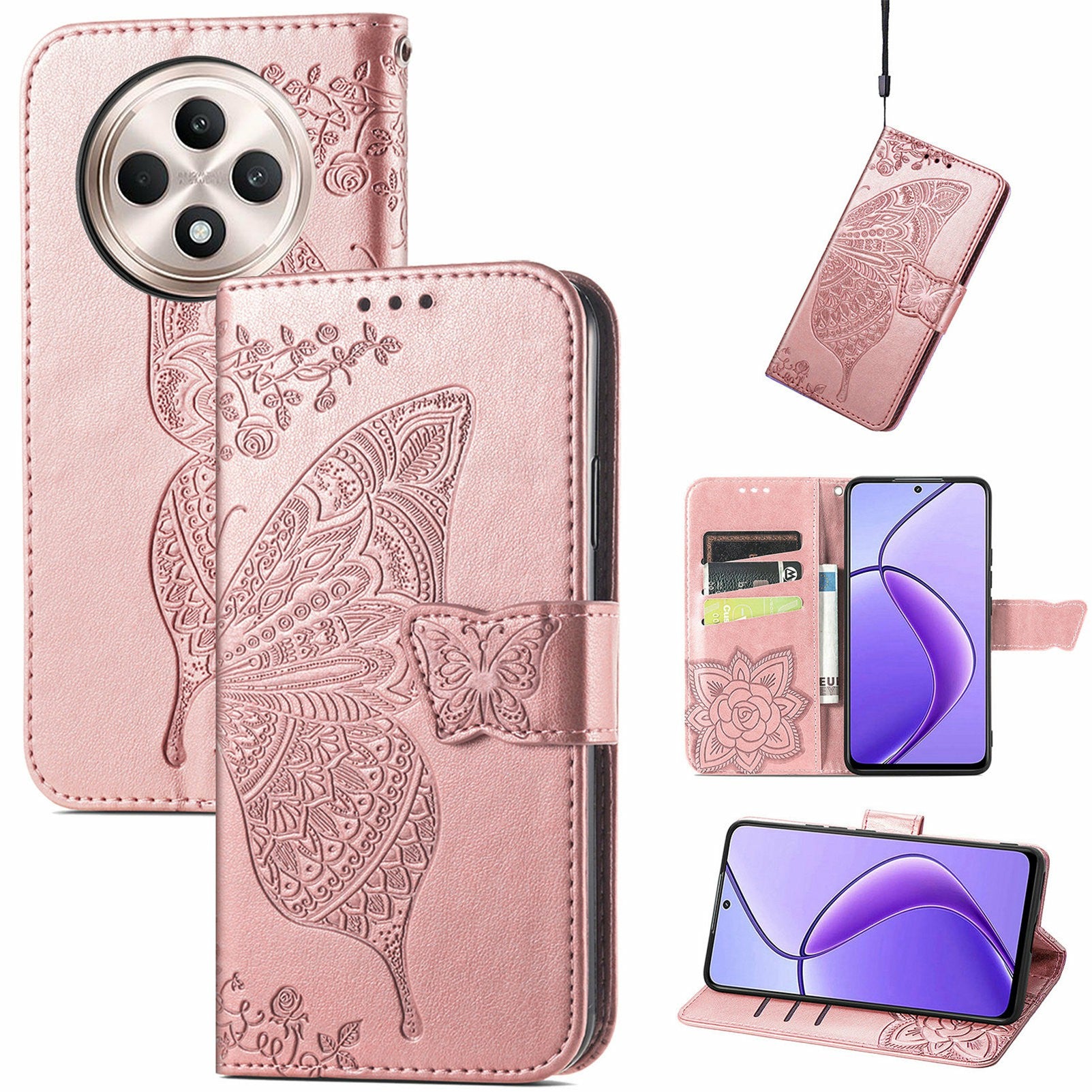 For Oppo F27 5G Case PU Leather Wallet Phone Cover Butterfly Pattern - Rose Gold