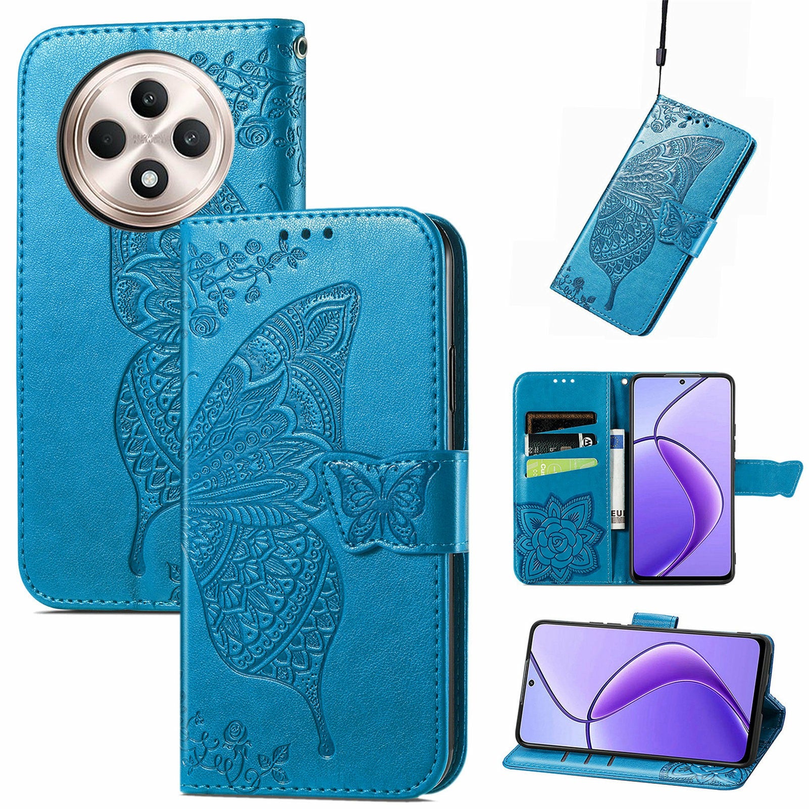 For Oppo F27 5G Case PU Leather Wallet Phone Cover Butterfly Pattern - Blue