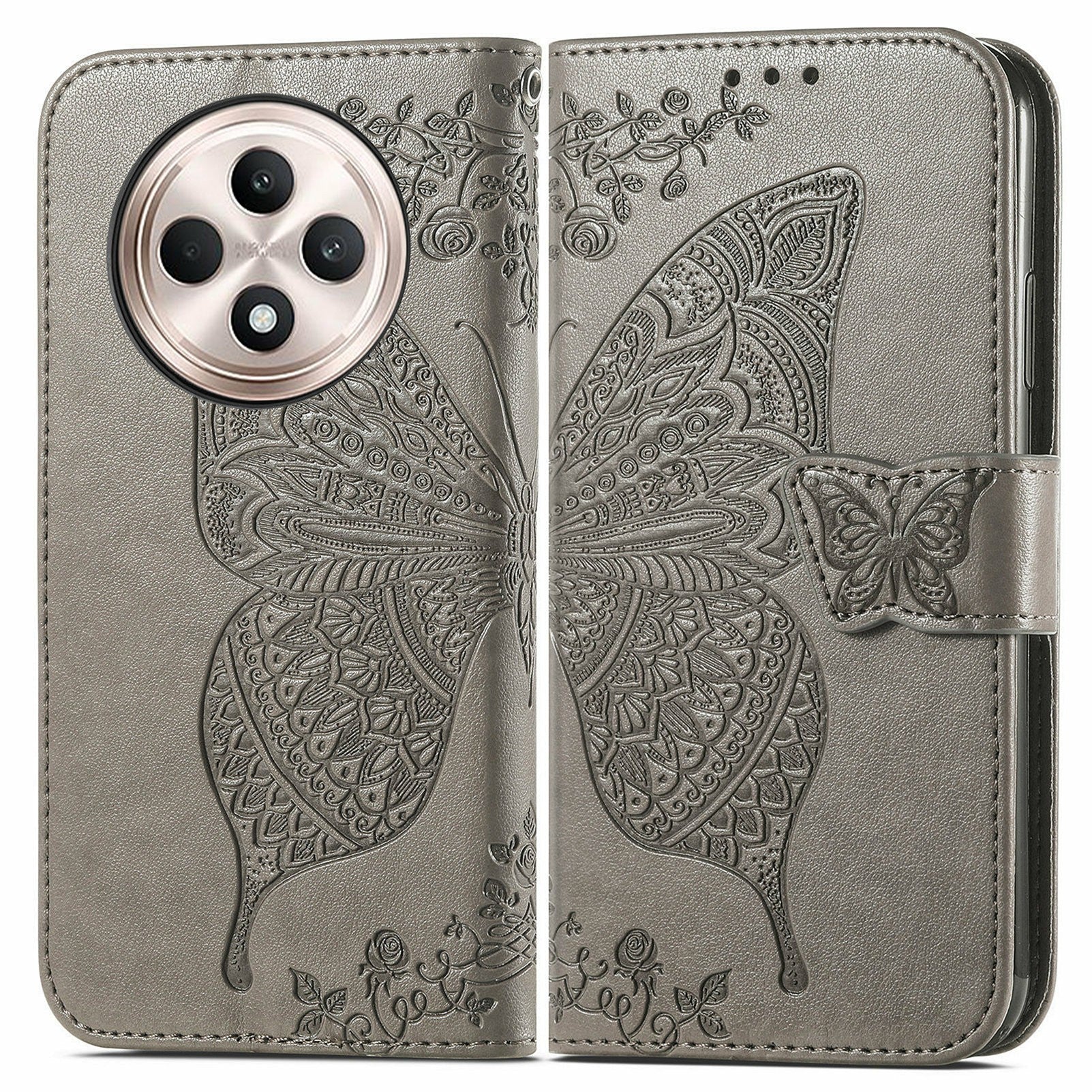 For Oppo F27 5G Case PU Leather Wallet Phone Cover Butterfly Pattern - Grey