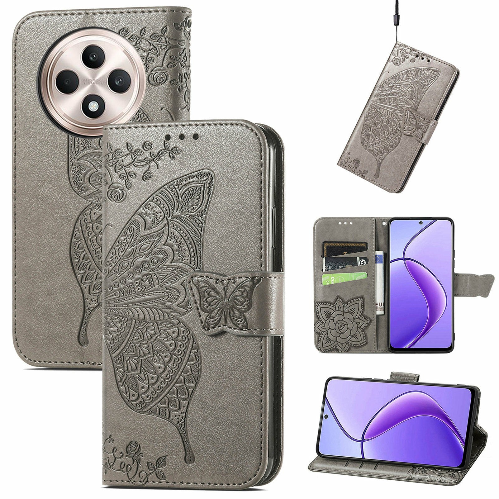 For Oppo F27 5G Case PU Leather Wallet Phone Cover Butterfly Pattern - Grey