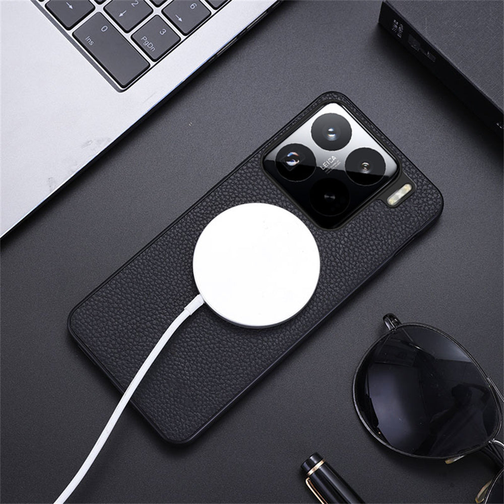 For Xiaomi 15 Case Compatible with MagSafe Litchi Texture PU Leather+TPU Phone Cover - Black