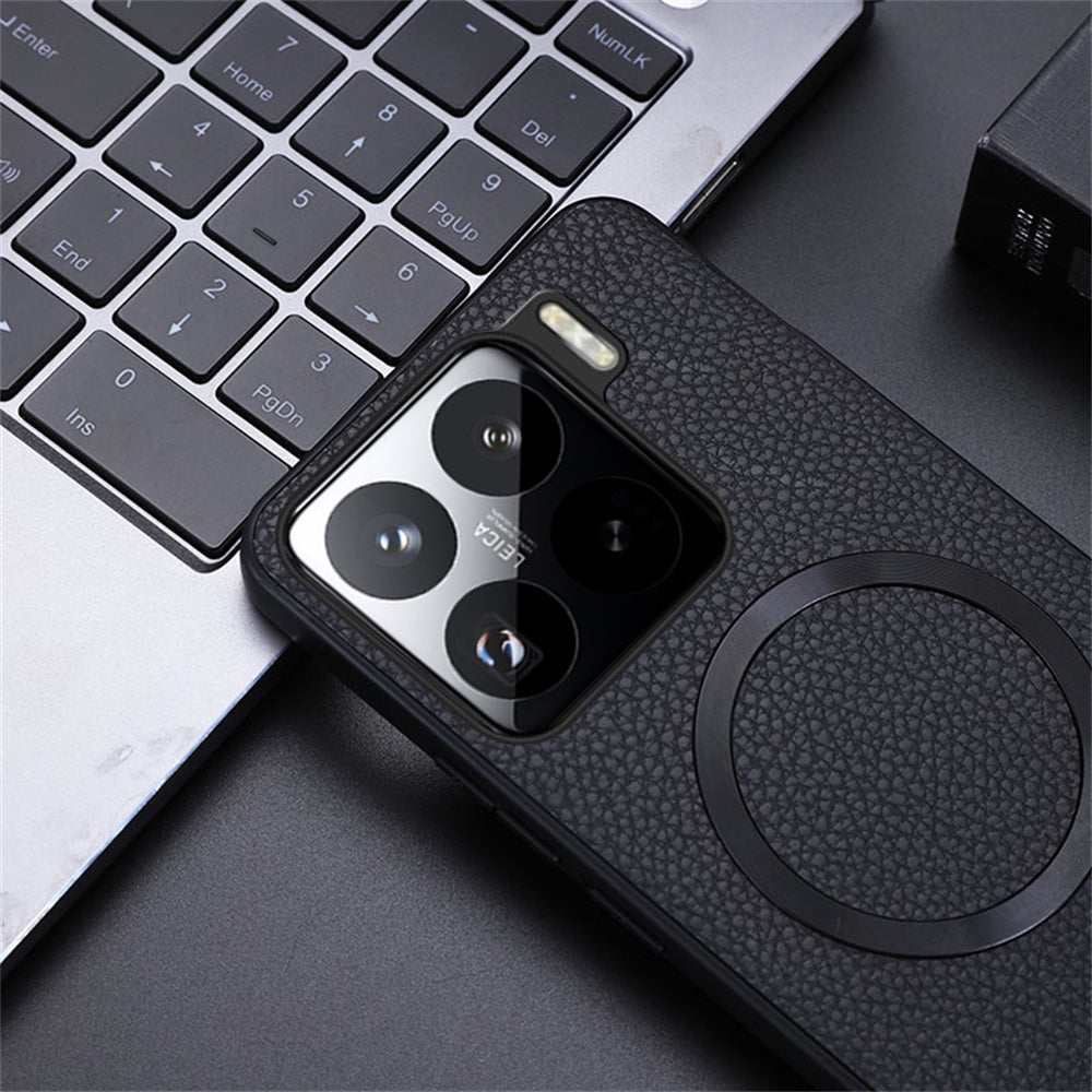 For Xiaomi 15 Case Compatible with MagSafe Litchi Texture PU Leather+TPU Phone Cover - Black