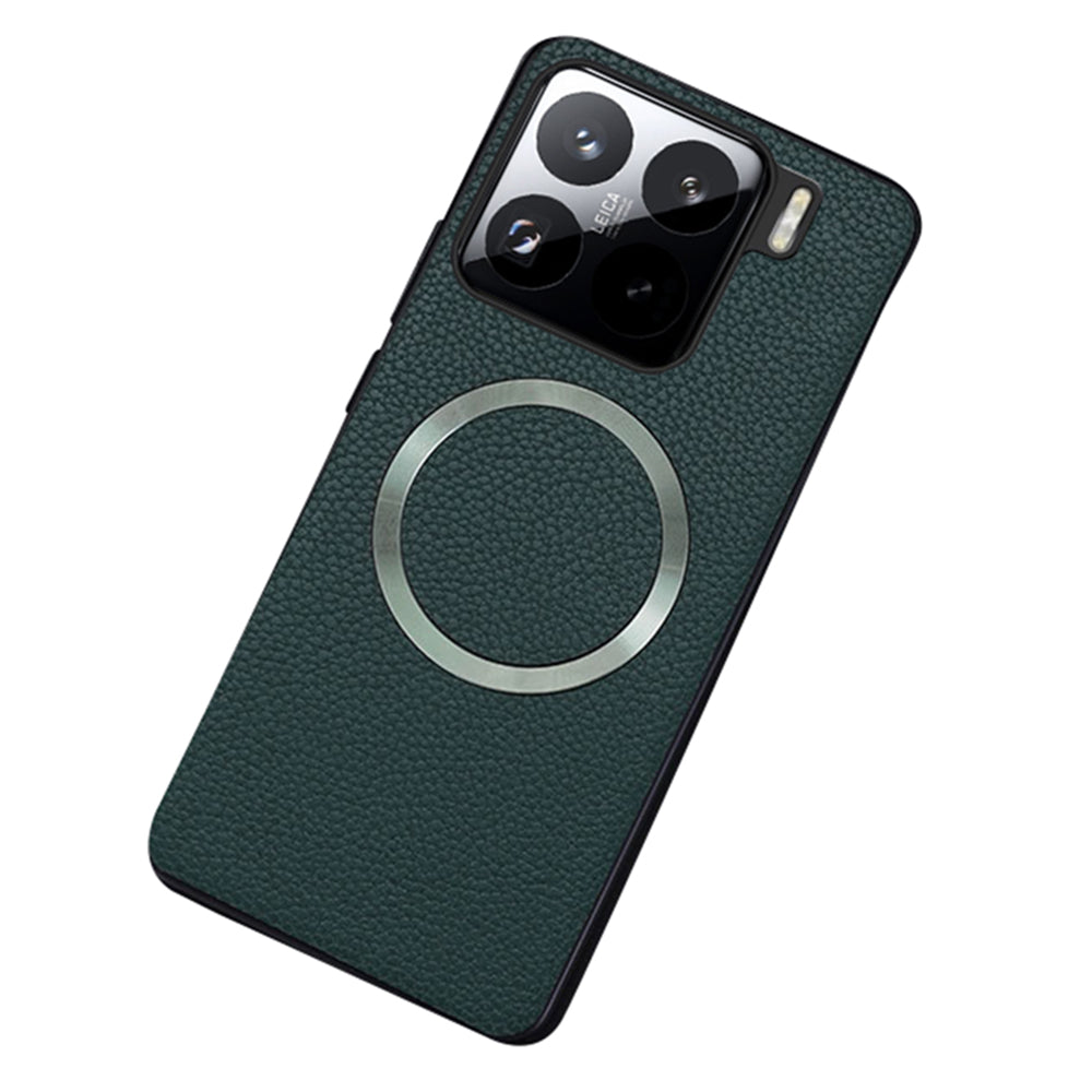 For Xiaomi 15 Case Compatible with MagSafe Litchi Texture PU Leather+TPU Phone Cover - Green