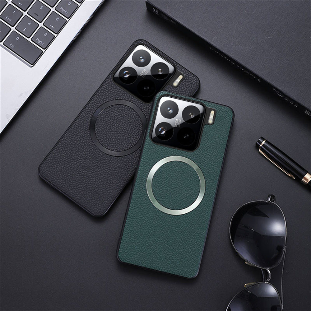 For Xiaomi 15 Case Compatible with MagSafe Litchi Texture PU Leather+TPU Phone Cover - Green