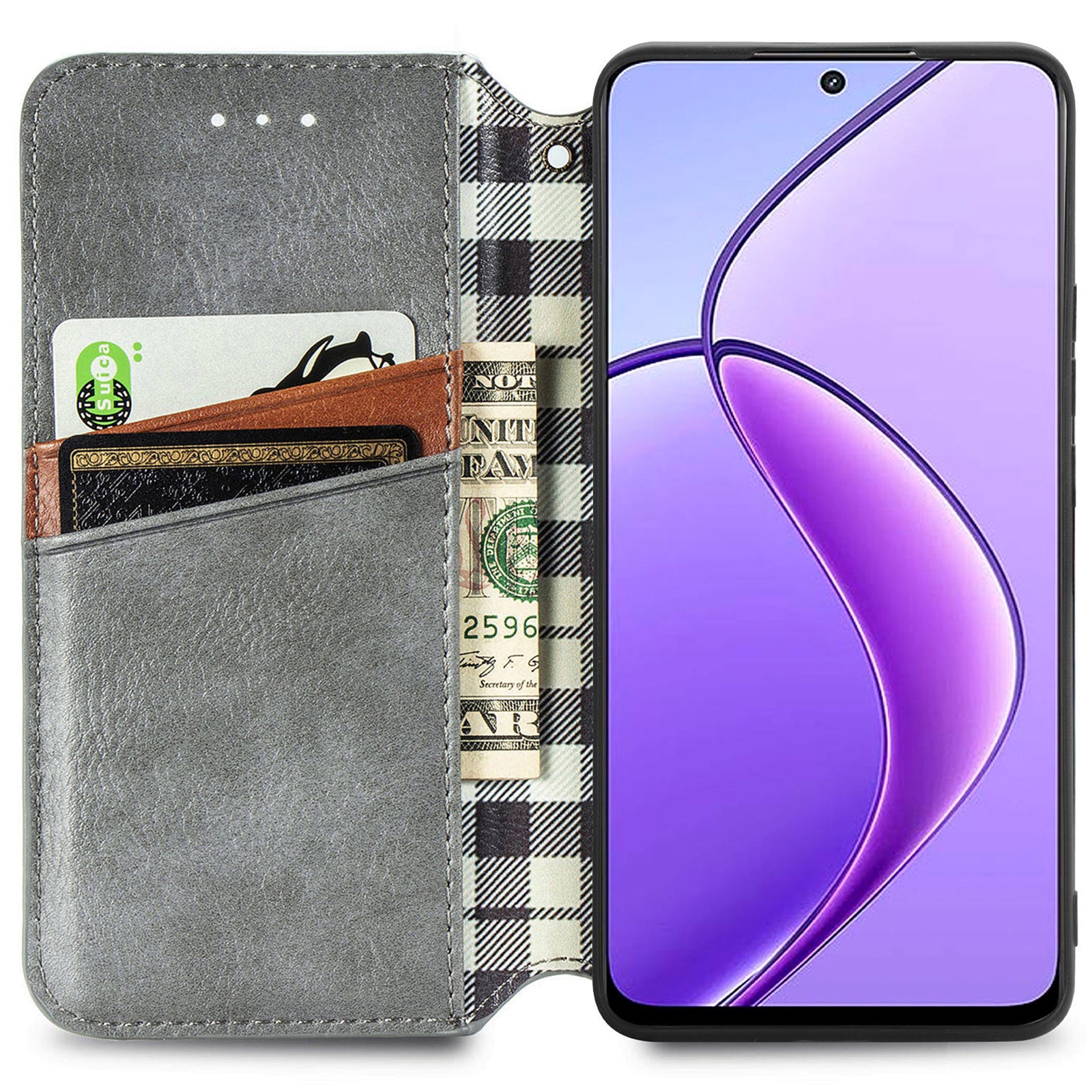 For Oppo F27 5G Case Rhombus Imprint PU Leather Wallet Phone Cover - Grey