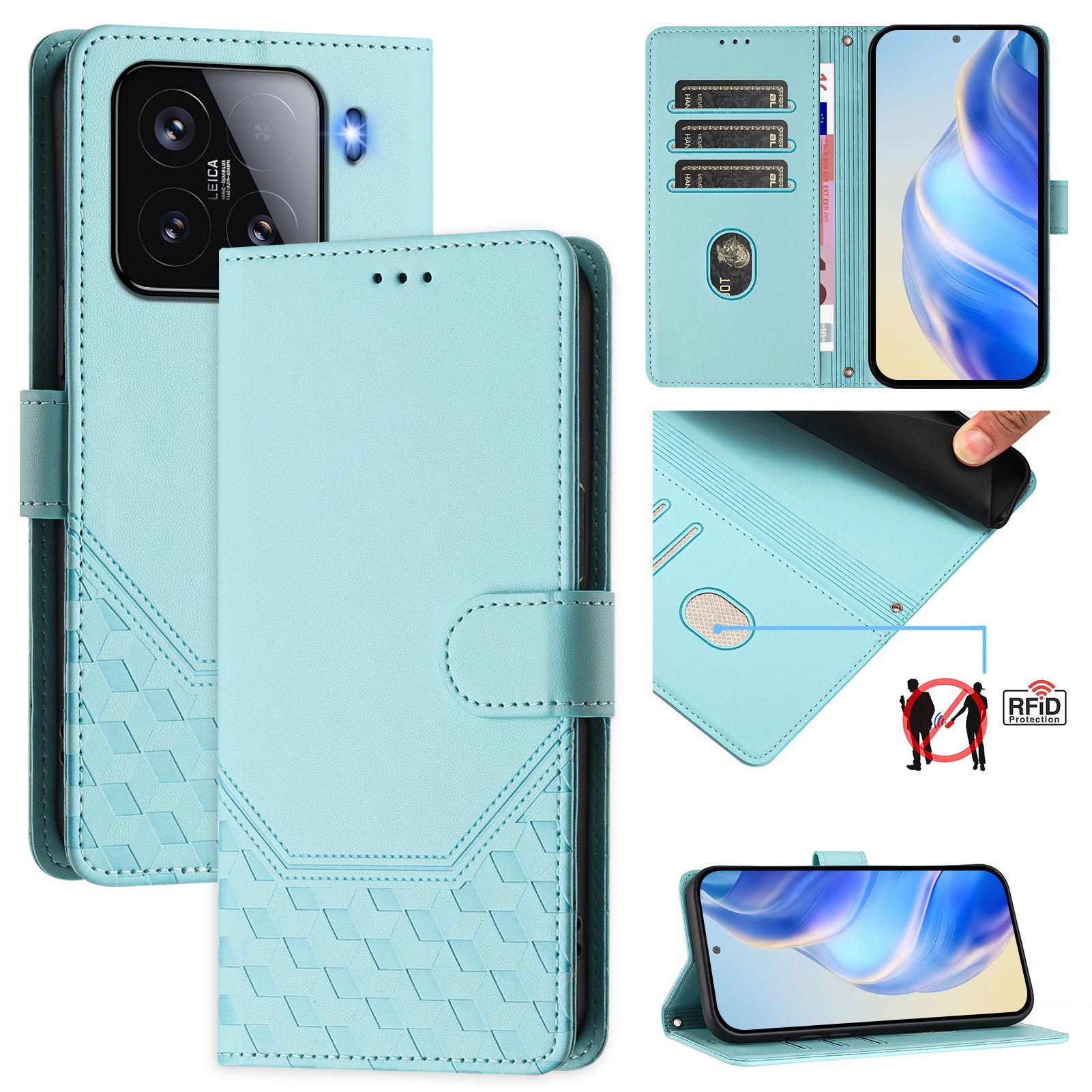 For Xiaomi 15 Case Imprinted Honeycomb RFID Blocking Leather Phone Cover with Strap - Mint Green