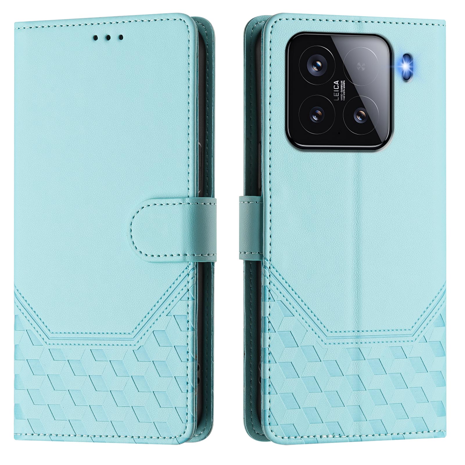 For Xiaomi 15 Case Imprinted Honeycomb RFID Blocking Leather Phone Cover with Strap - Mint Green