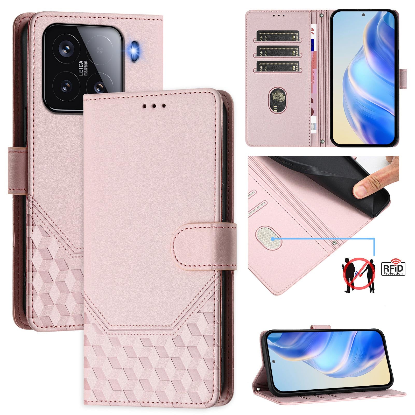 For Xiaomi 15 Case Imprinted Honeycomb RFID Blocking Leather Phone Cover with Strap - Pink