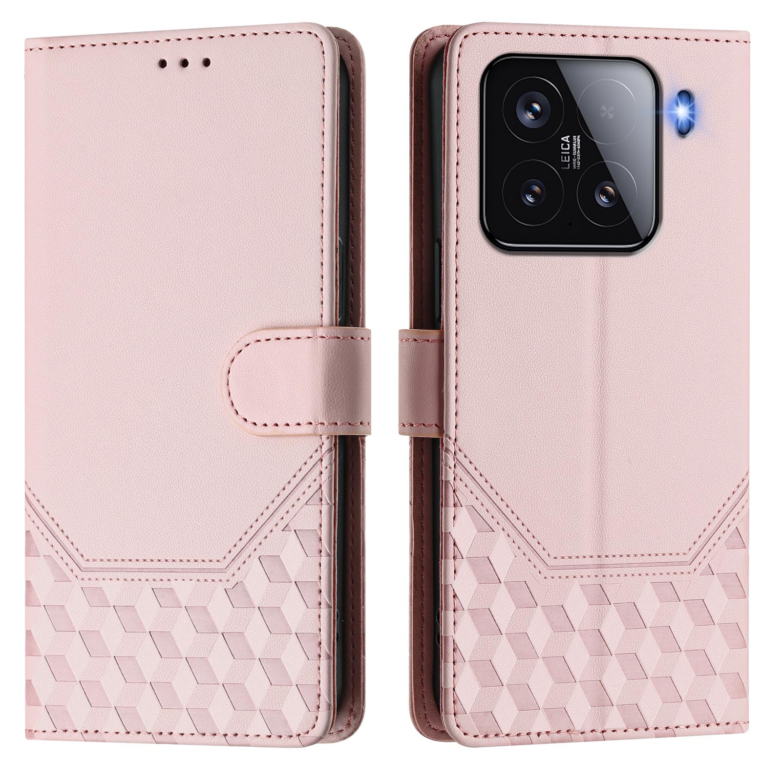 For Xiaomi 15 Case Imprinted Honeycomb RFID Blocking Leather Phone Cover with Strap - Pink